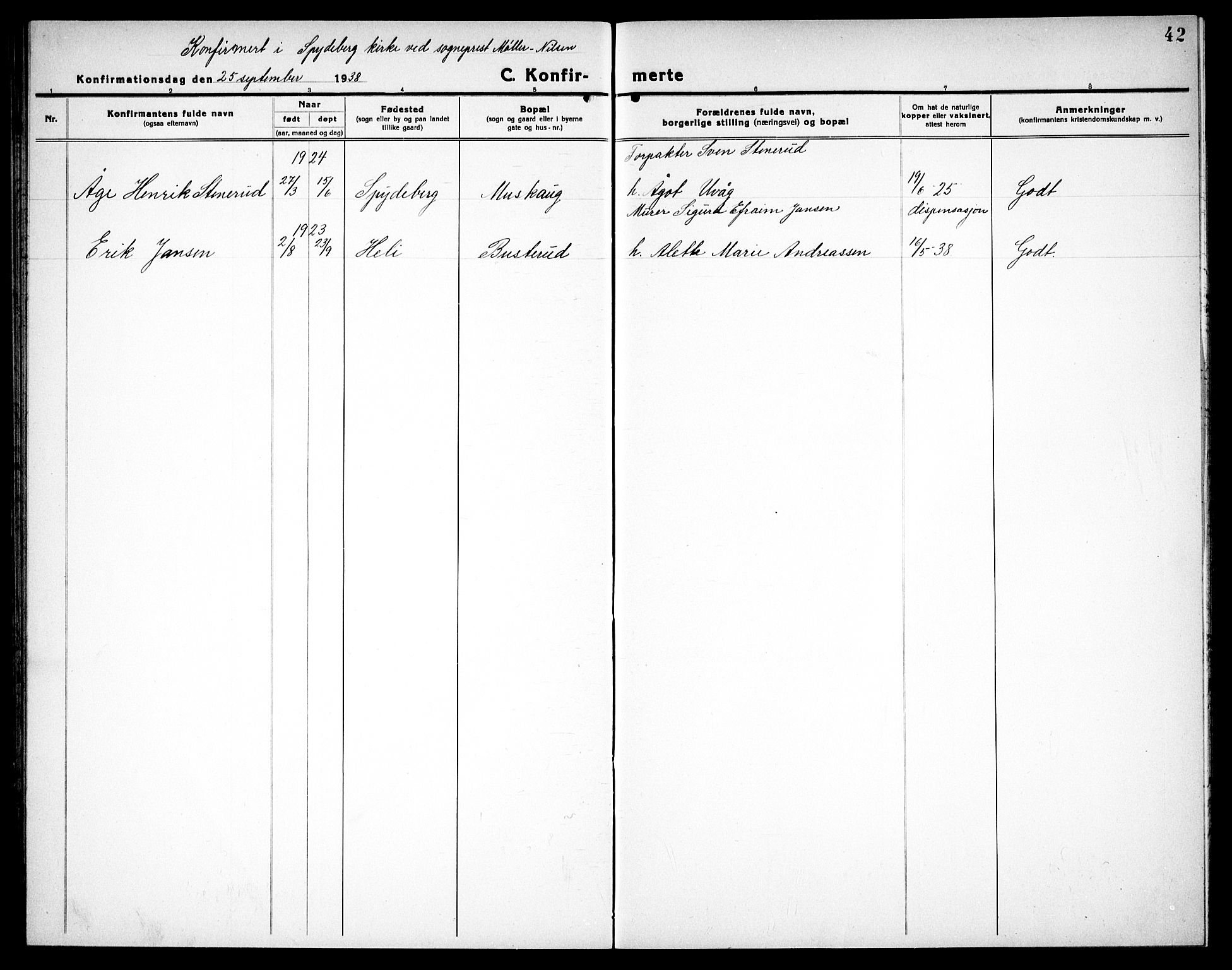 Spydeberg prestekontor Kirkebøker, SAO/A-10924/G/Gc/L0002: Parish register (copy) no. III 2, 1918-1939, p. 42