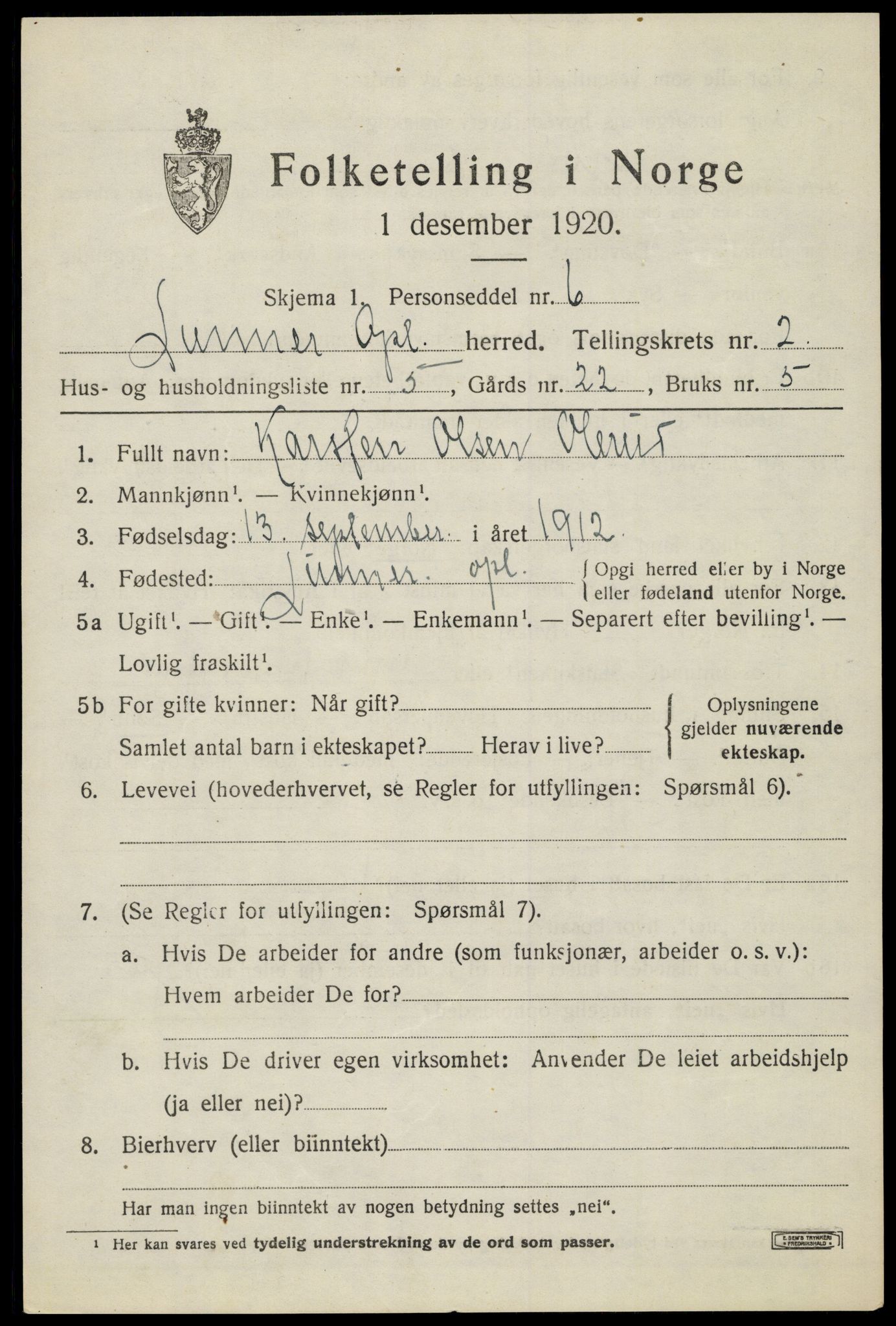 SAH, 1920 census for Lunner, 1920, p. 2919