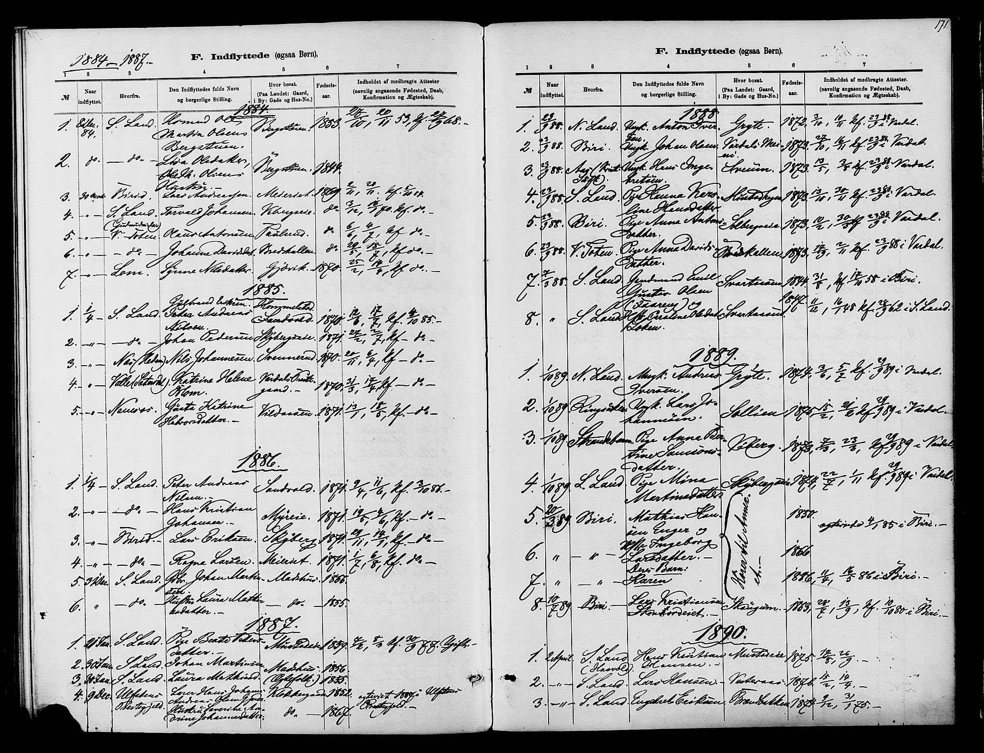 Vardal prestekontor, SAH/PREST-100/H/Ha/Haa/L0010: Parish register (official) no. 10, 1878-1893, p. 171