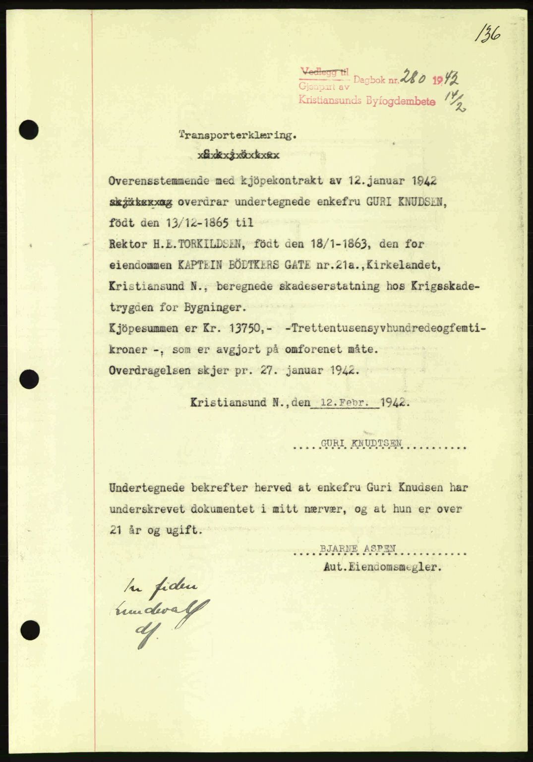 Kristiansund byfogd, AV/SAT-A-4587/A/27: Mortgage book no. 35, 1941-1942, Diary no: : 280/1942