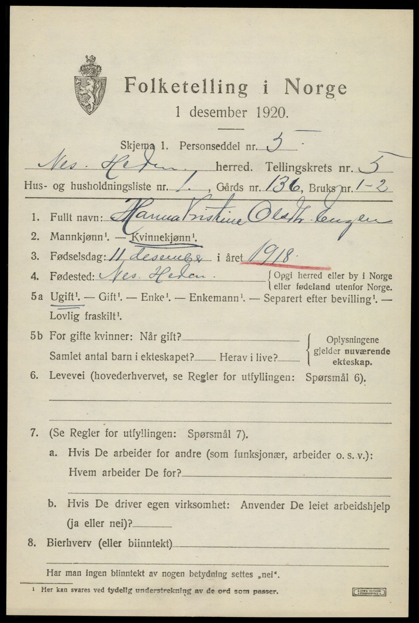 SAH, 1920 census for Nes (Hedmark), 1920, p. 6646