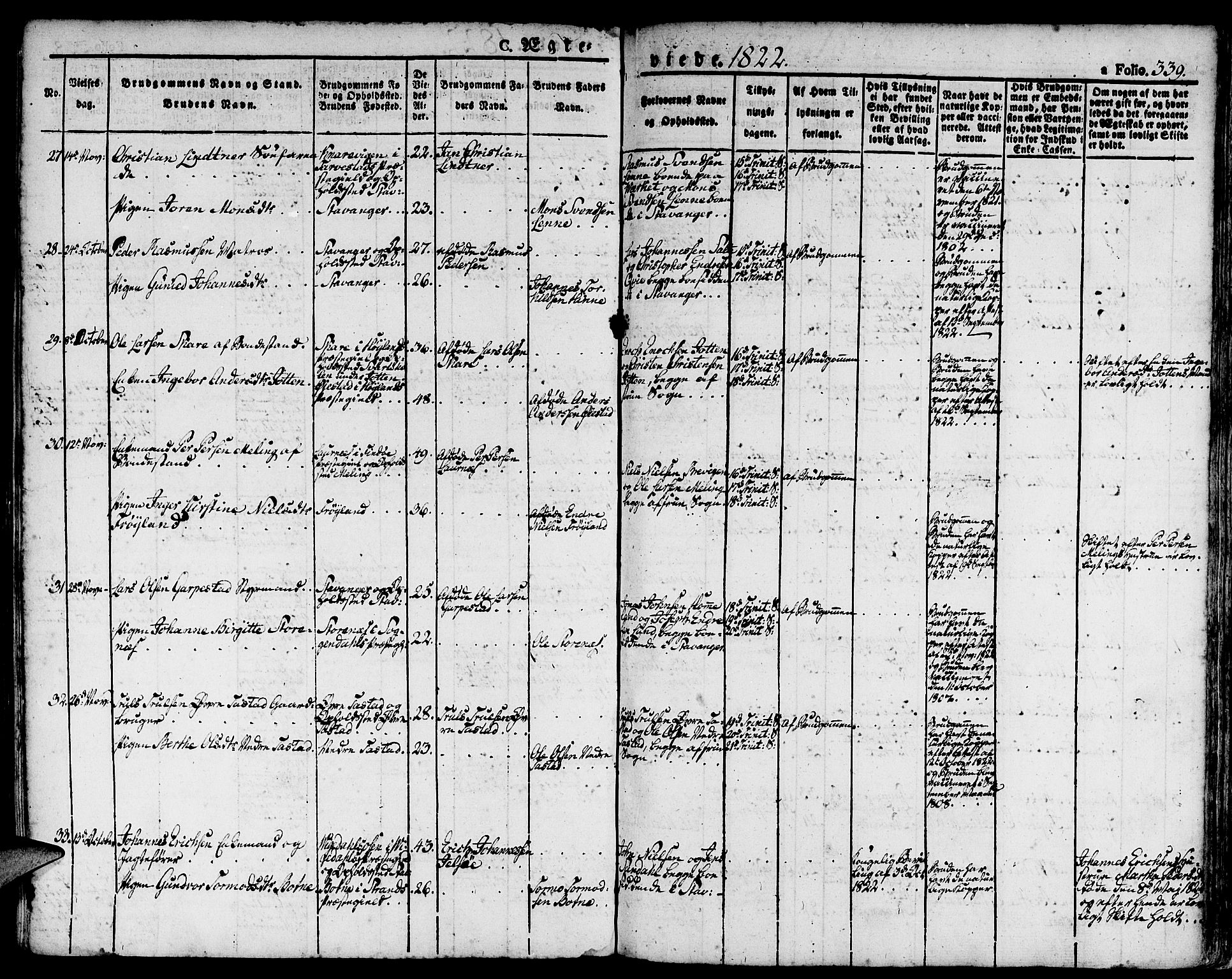 Domkirken sokneprestkontor, SAST/A-101812/001/30/30BA/L0009: Parish register (official) no. A 9, 1821-1832, p. 339