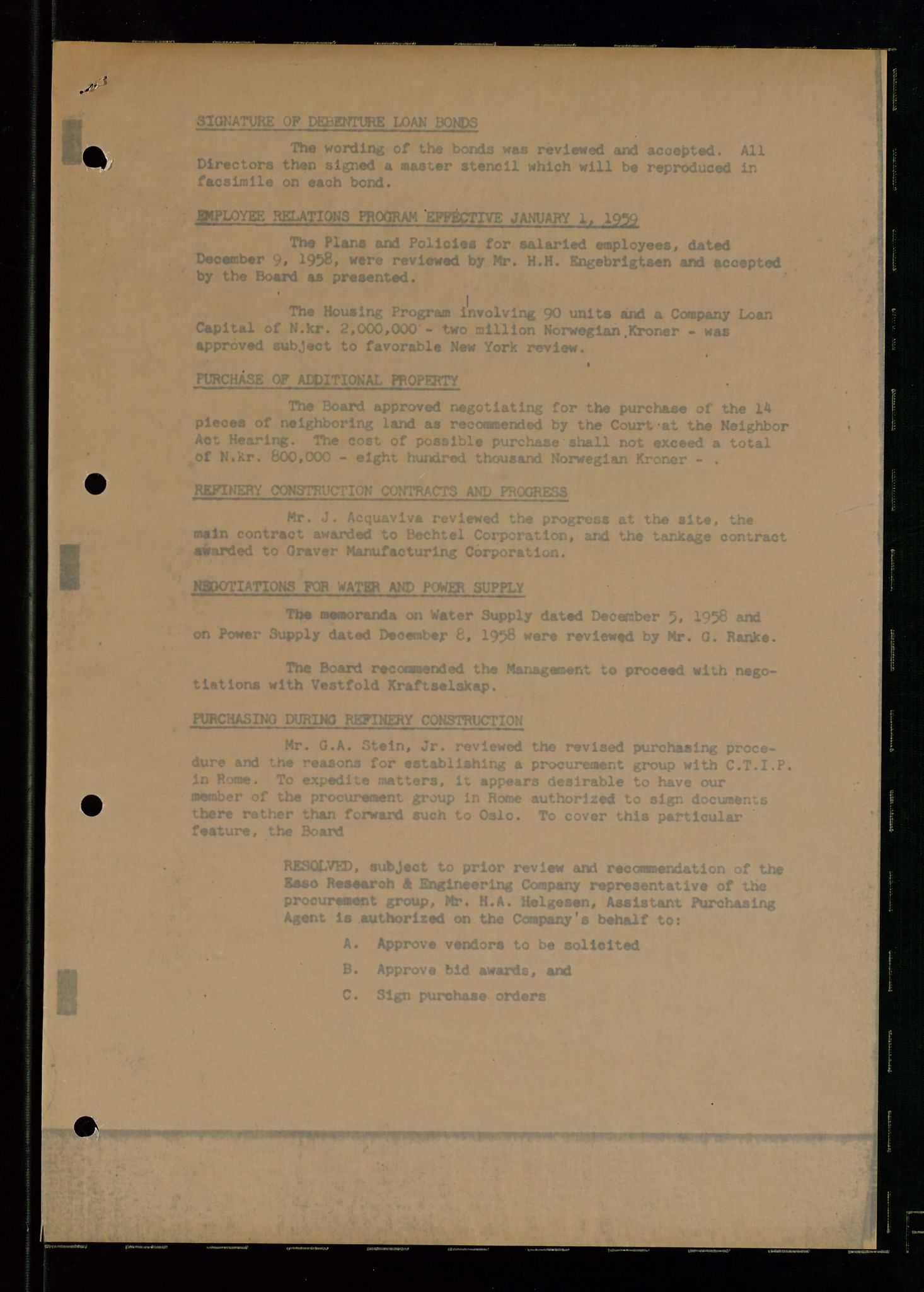 PA 1537 - A/S Essoraffineriet Norge, AV/SAST-A-101957/A/Aa/L0002/0001: Styremøter / Shareholder meetings, Board meeting minutes, 1957-1961, p. 124