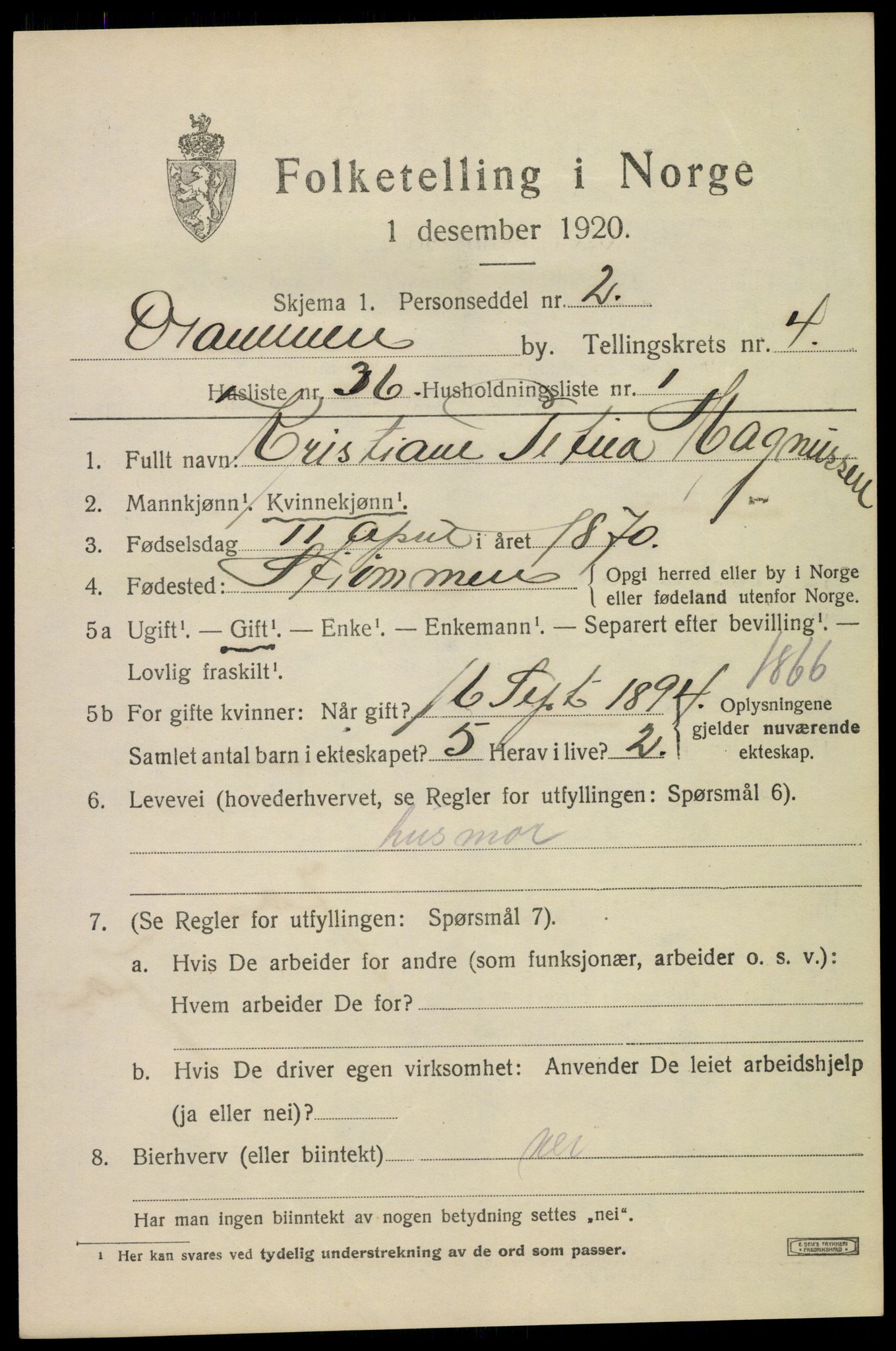 SAKO, 1920 census for Drammen, 1920, p. 33343