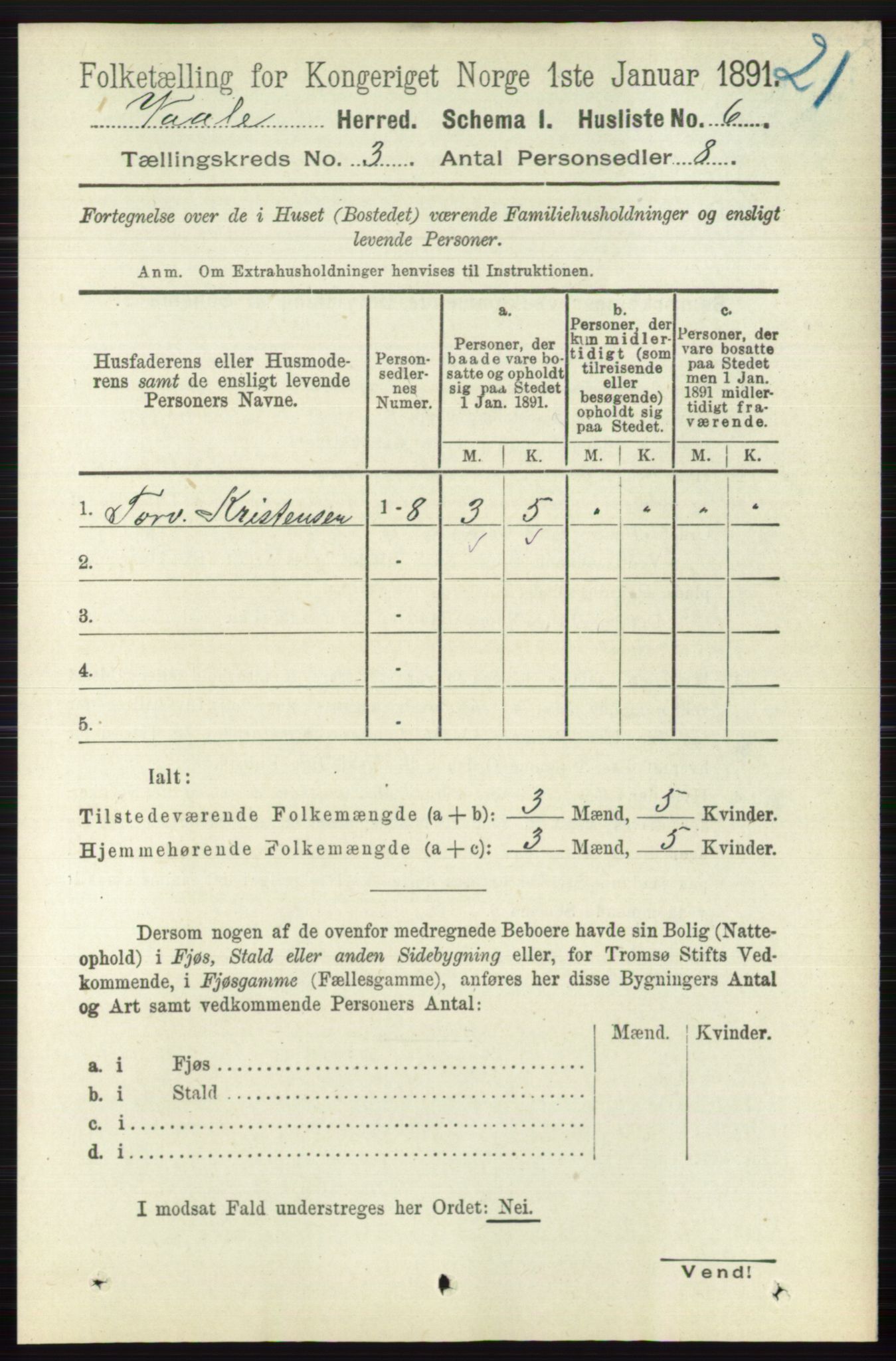 RA, 1891 census for 0716 Våle, 1891, p. 488