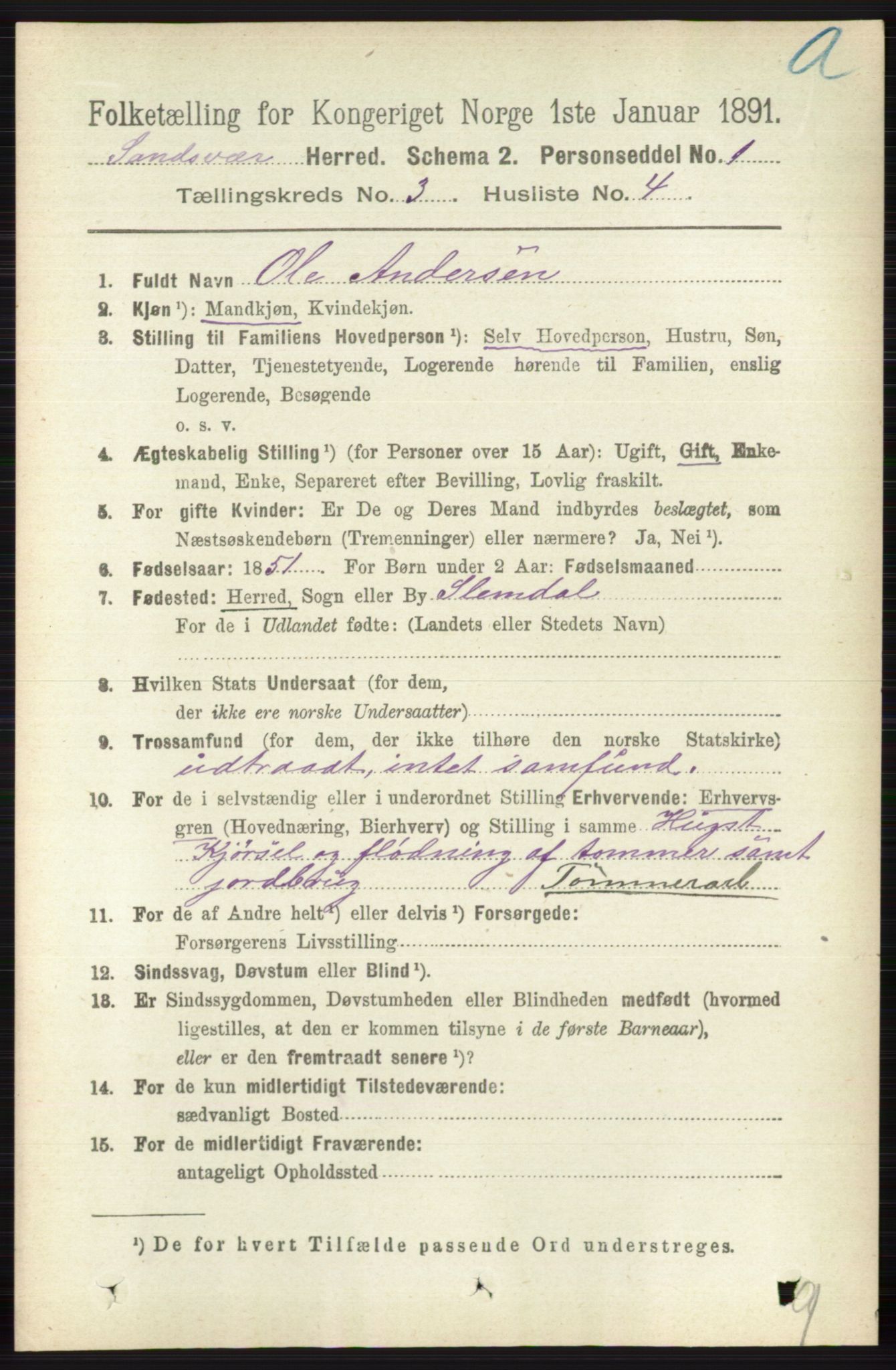RA, 1891 census for 0629 Sandsvær, 1891, p. 1310