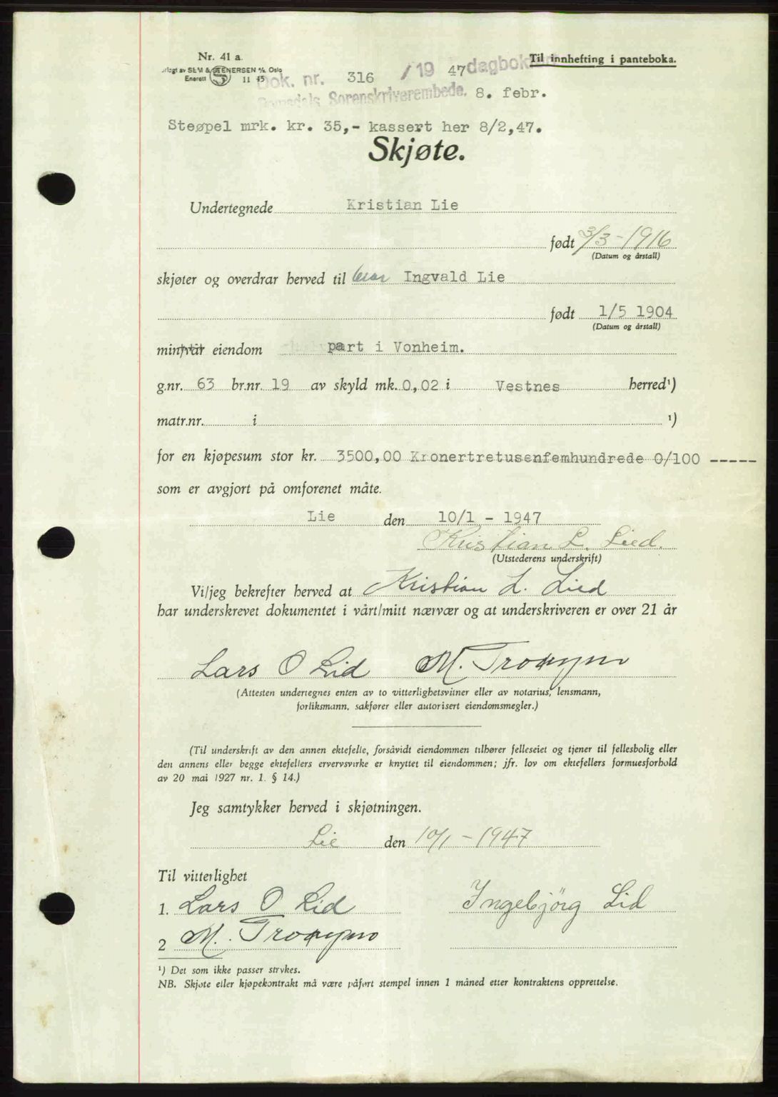 Romsdal sorenskriveri, SAT/A-4149/1/2/2C: Mortgage book no. A22, 1947-1947, Diary no: : 316/1947