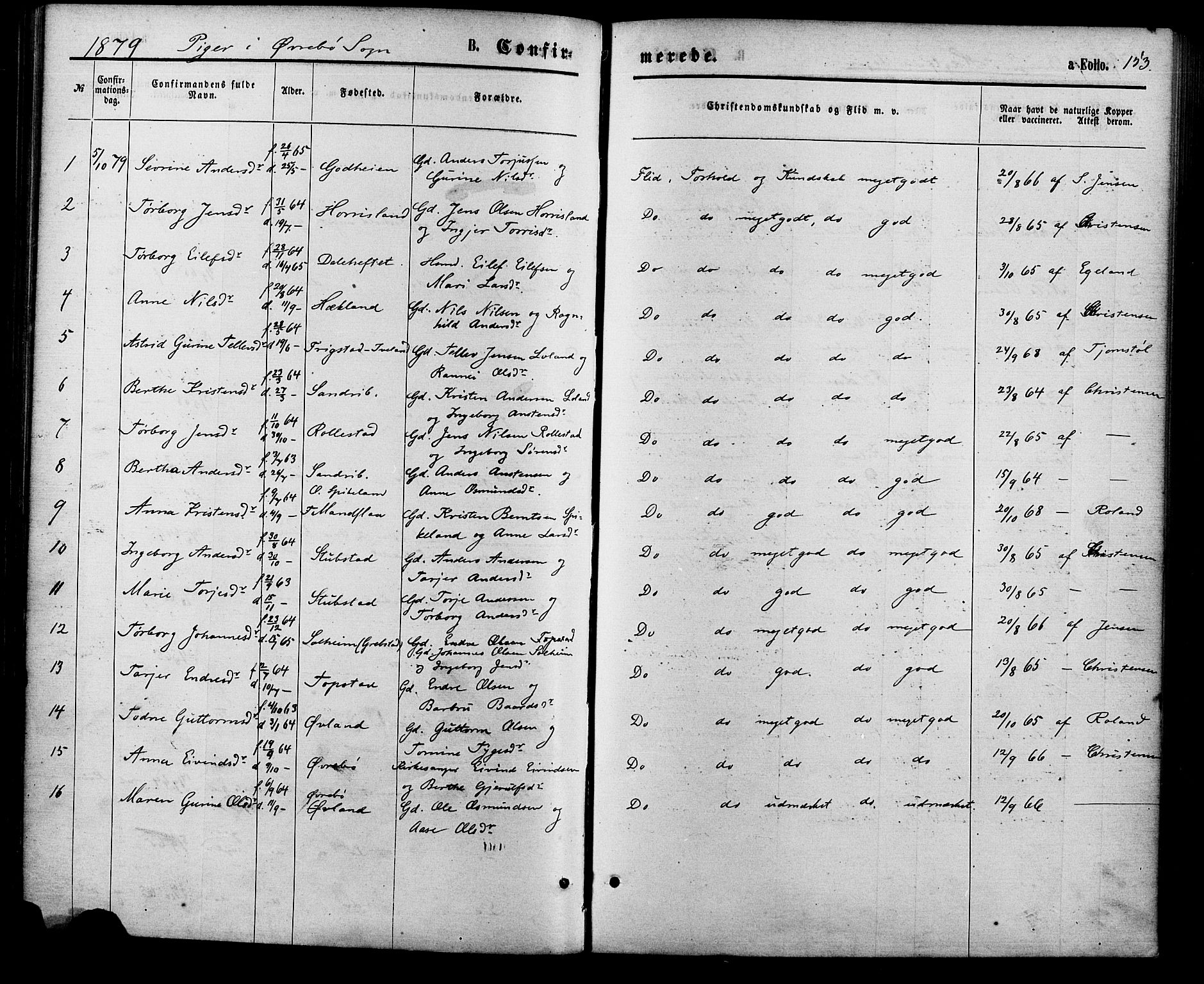 Vennesla sokneprestkontor, AV/SAK-1111-0045/Fa/Fac/L0008: Parish register (official) no. A 8, 1874-1883, p. 153