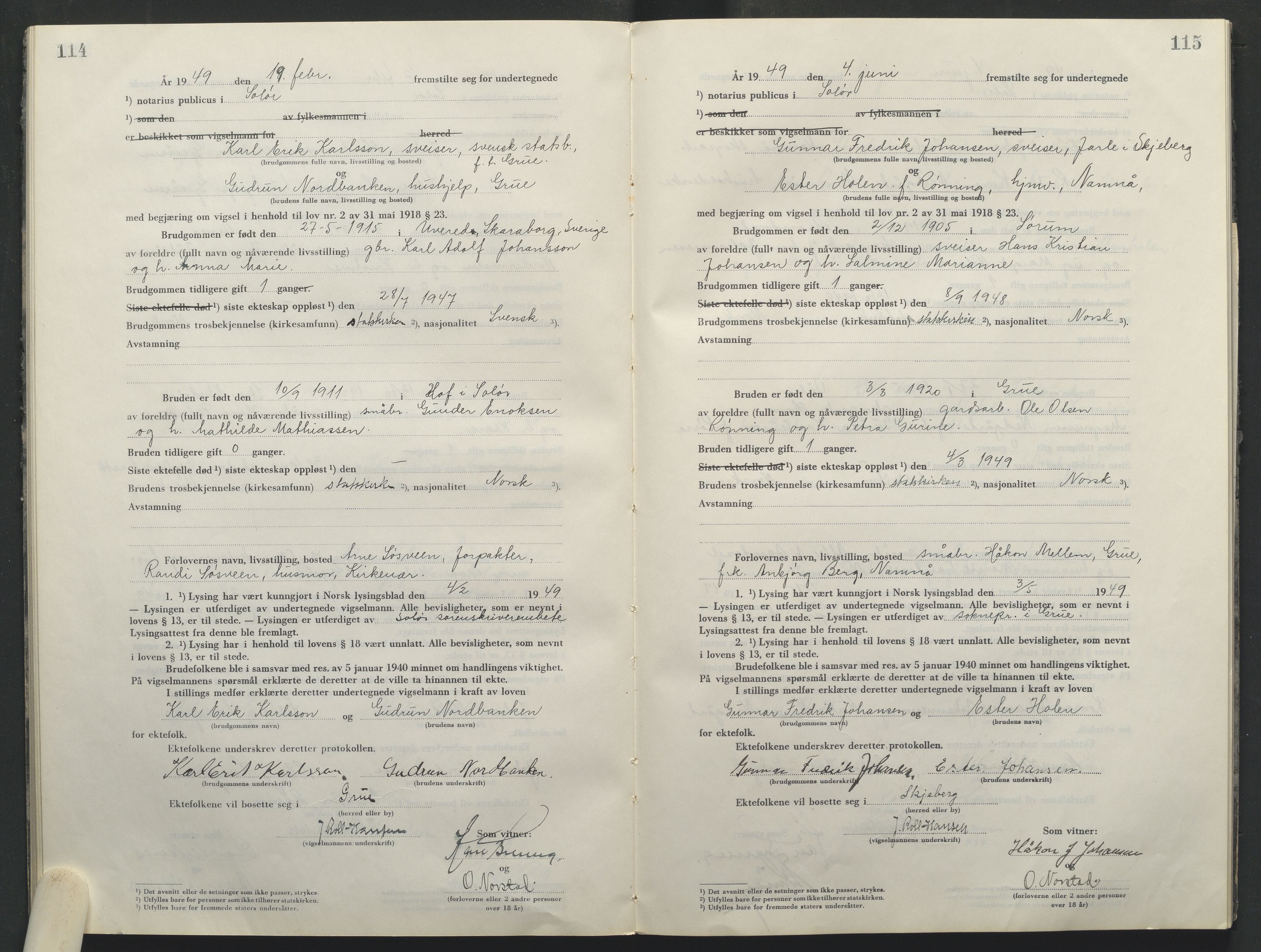 Solør tingrett, AV/SAH-TING-008/L/Lb/L0003/0001: Vigselprotokoll / Vigselprotokoll, 1944-1961, p. 114-115