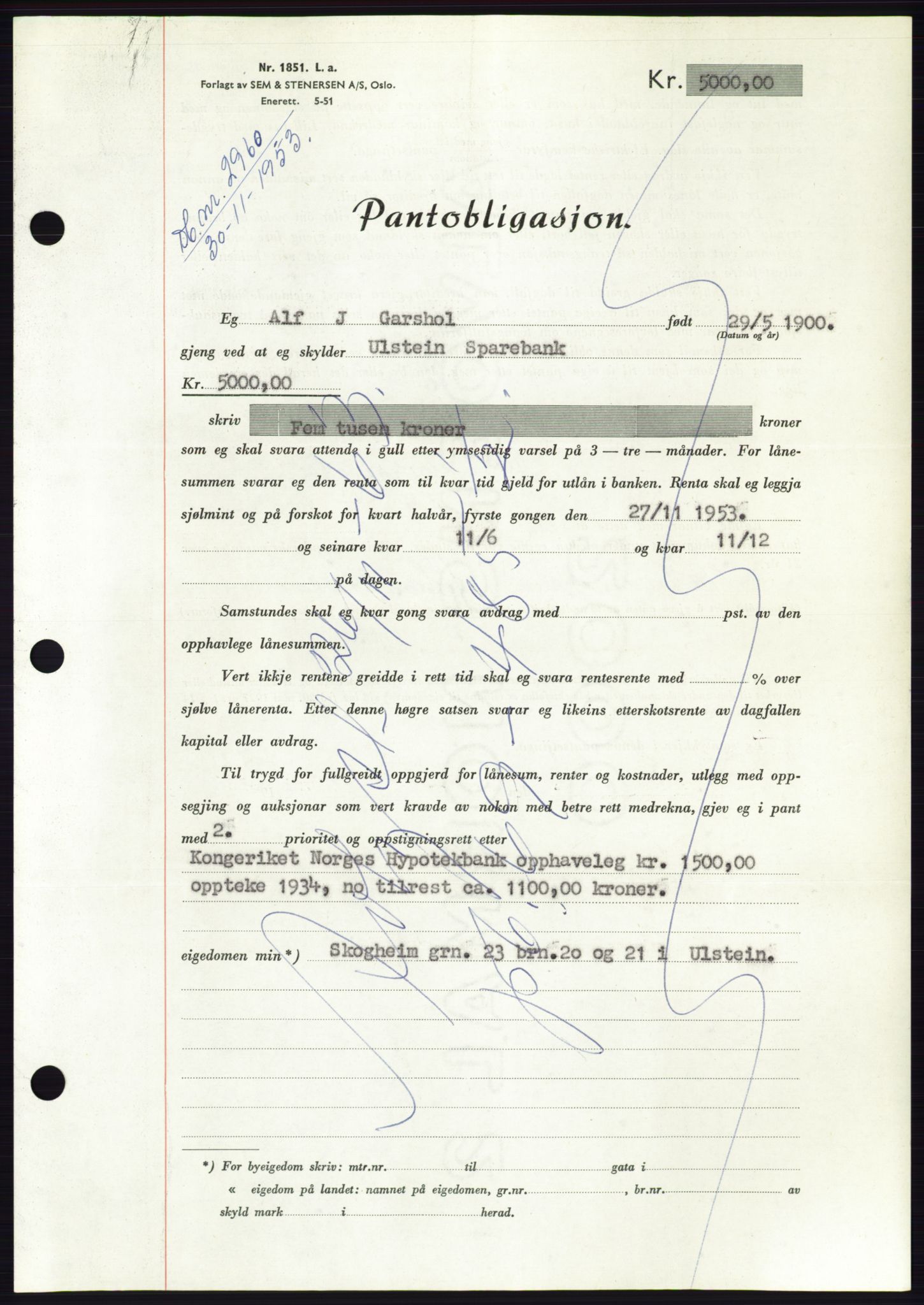 Søre Sunnmøre sorenskriveri, AV/SAT-A-4122/1/2/2C/L0124: Mortgage book no. 12B, 1953-1954, Diary no: : 2960/1953