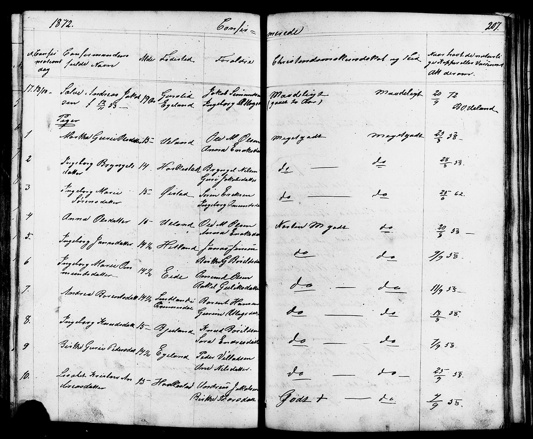 Lund sokneprestkontor, AV/SAST-A-101809/S07/L0004: Parish register (copy) no. B 4, 1854-1874, p. 207