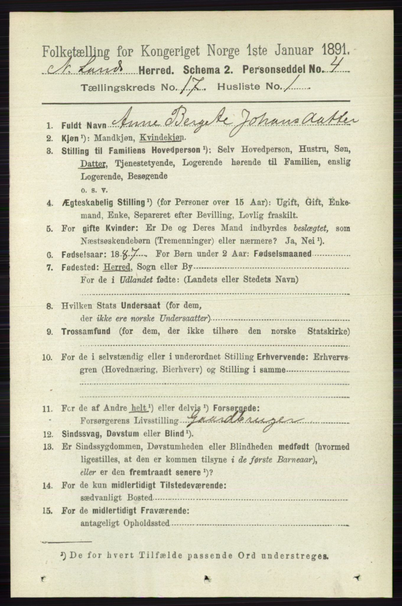 RA, 1891 census for 0538 Nordre Land, 1891, p. 4289