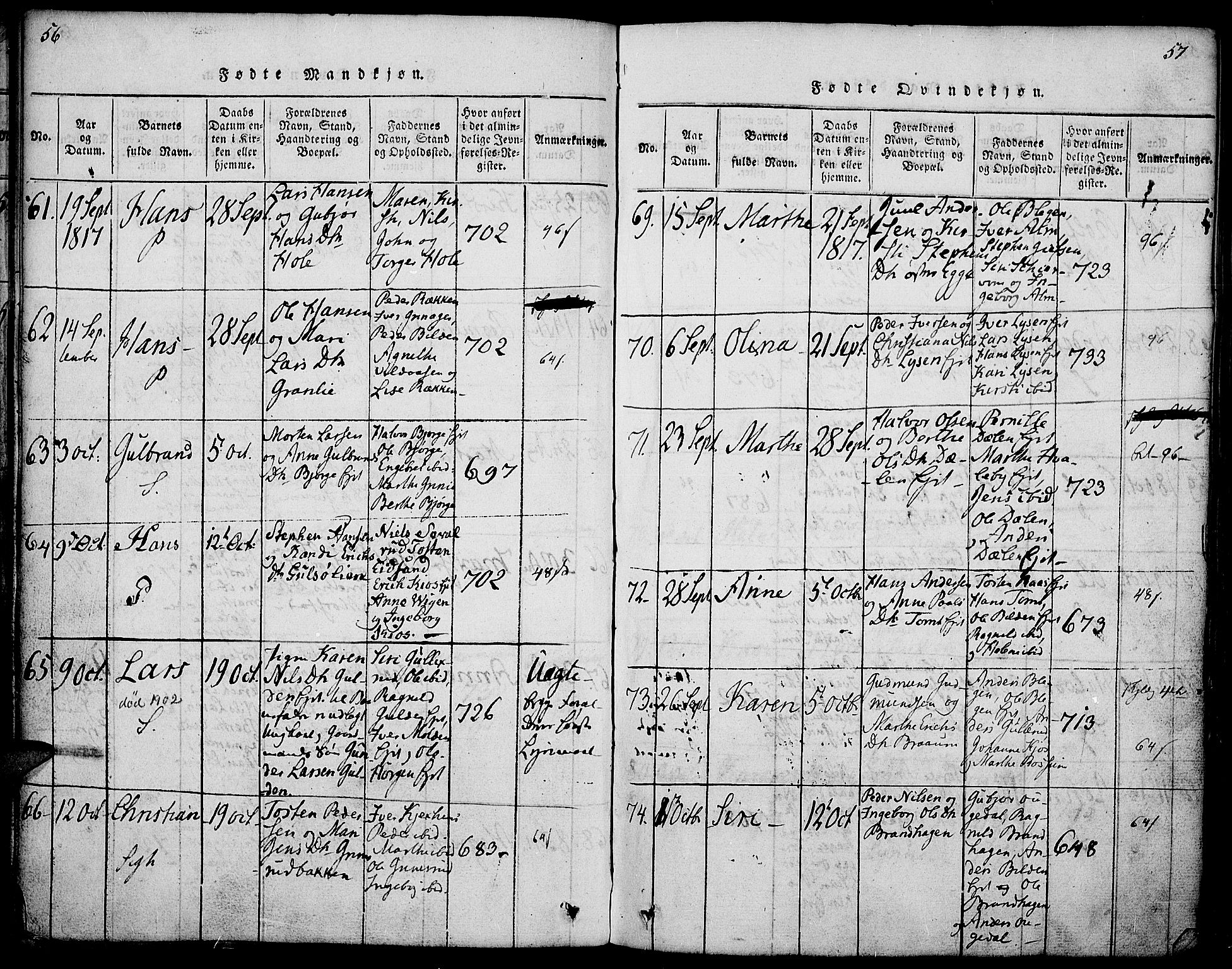 Gran prestekontor, AV/SAH-PREST-112/H/Ha/Haa/L0009: Parish register (official) no. 9, 1815-1824, p. 56-57