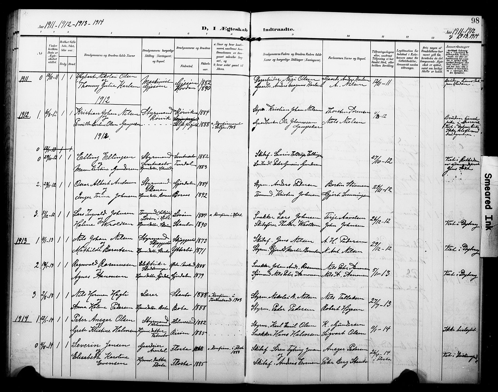 Dypvåg sokneprestkontor, AV/SAK-1111-0007/F/Fb/Fbb/L0005: Parish register (copy) no. B 5, 1905-1924, p. 98