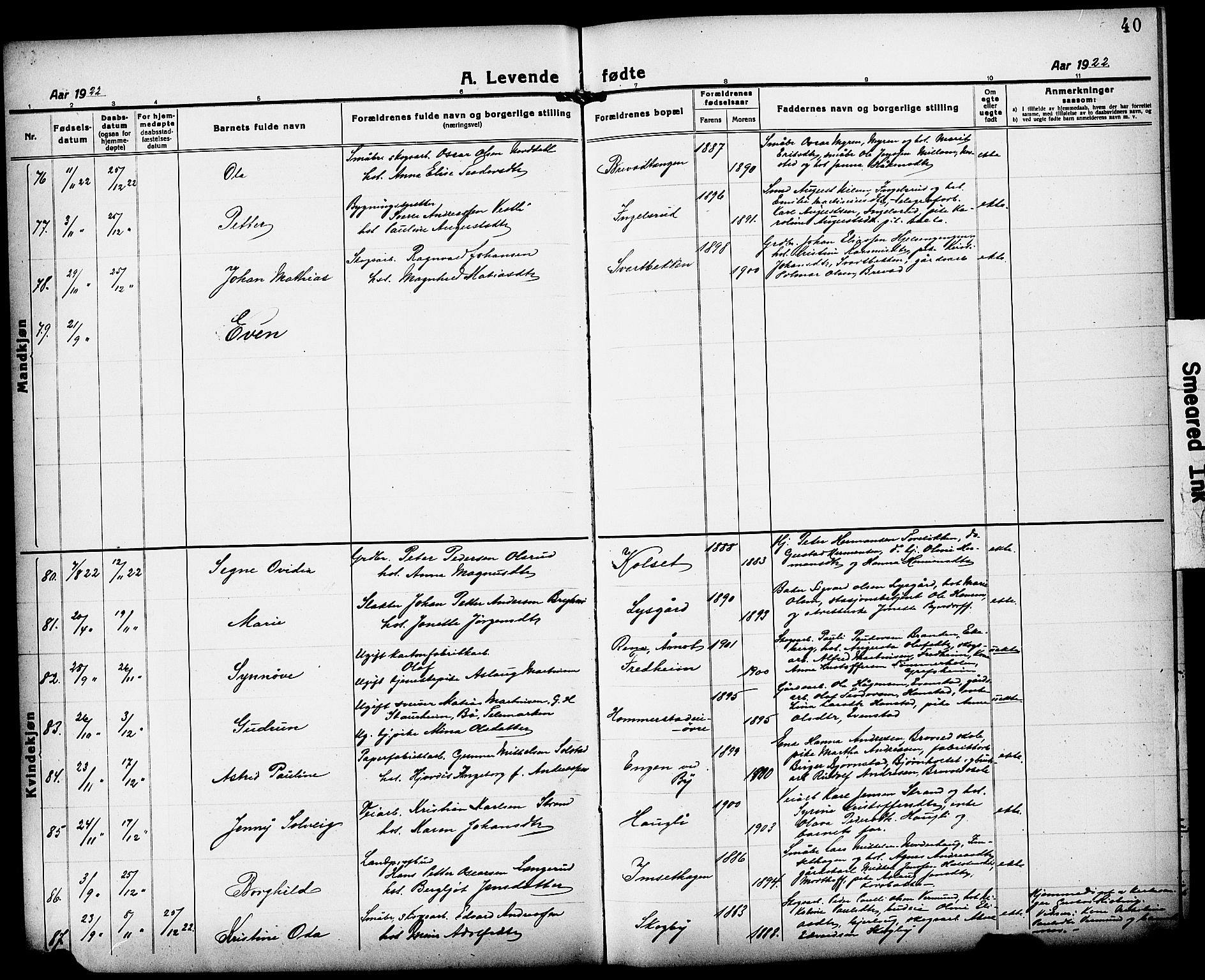 Løten prestekontor, AV/SAH-PREST-022/L/La/L0008: Parish register (copy) no. 8, 1920-1929, p. 40