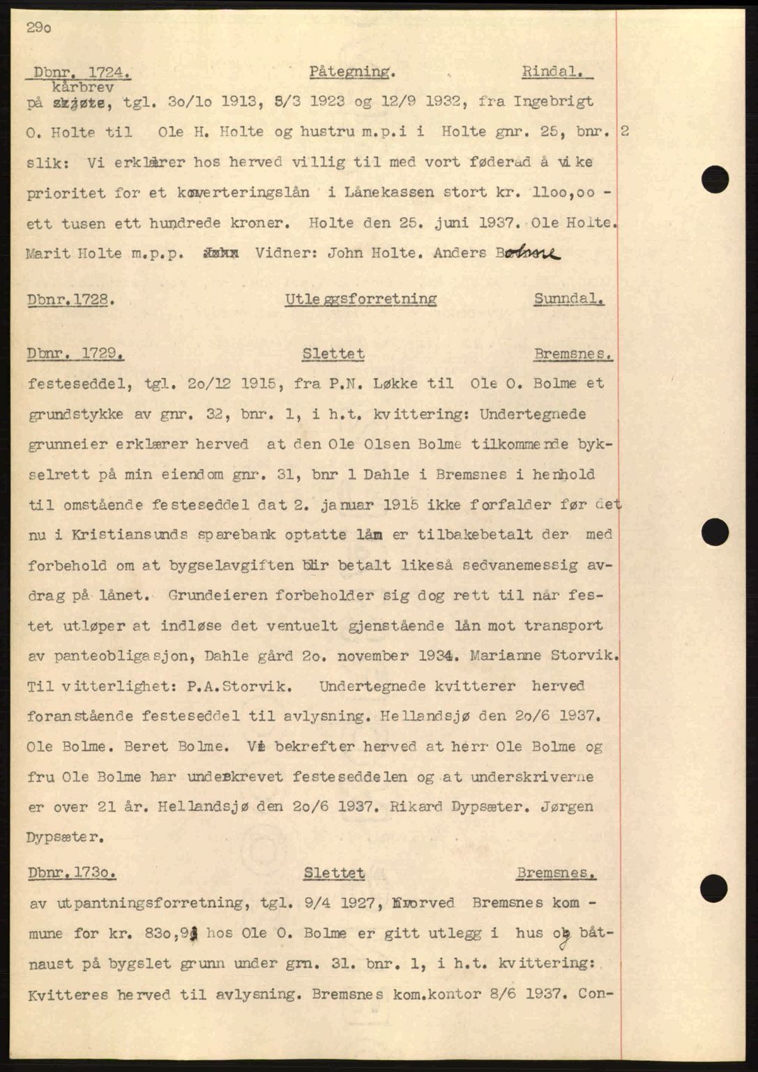 Nordmøre sorenskriveri, AV/SAT-A-4132/1/2/2Ca: Mortgage book no. C80, 1936-1939, Diary no: : 1724/1937