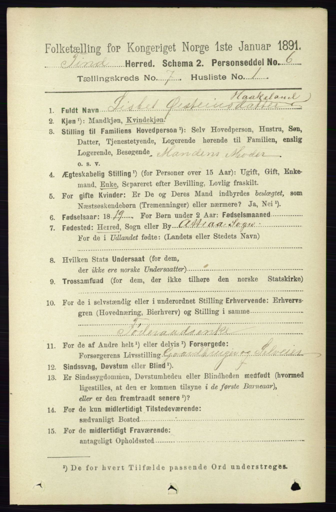 RA, 1891 census for 0826 Tinn, 1891, p. 1444