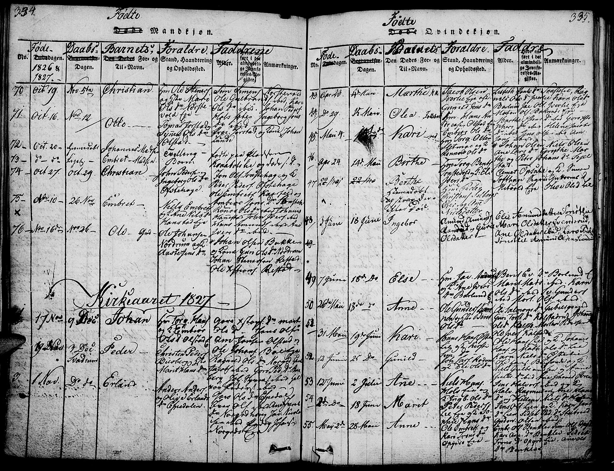 Gausdal prestekontor, SAH/PREST-090/H/Ha/Haa/L0005: Parish register (official) no. 5, 1817-1829, p. 334-335