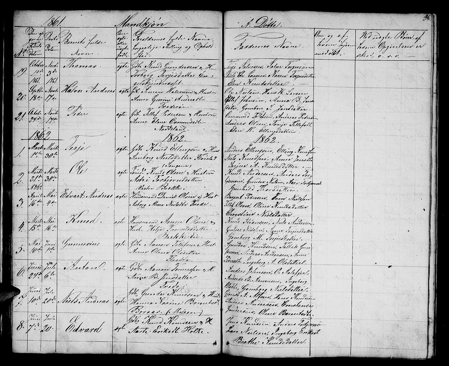 Austre Moland sokneprestkontor, AV/SAK-1111-0001/F/Fb/Fba/L0001: Parish register (copy) no. B 1, 1842-1868, p. 36