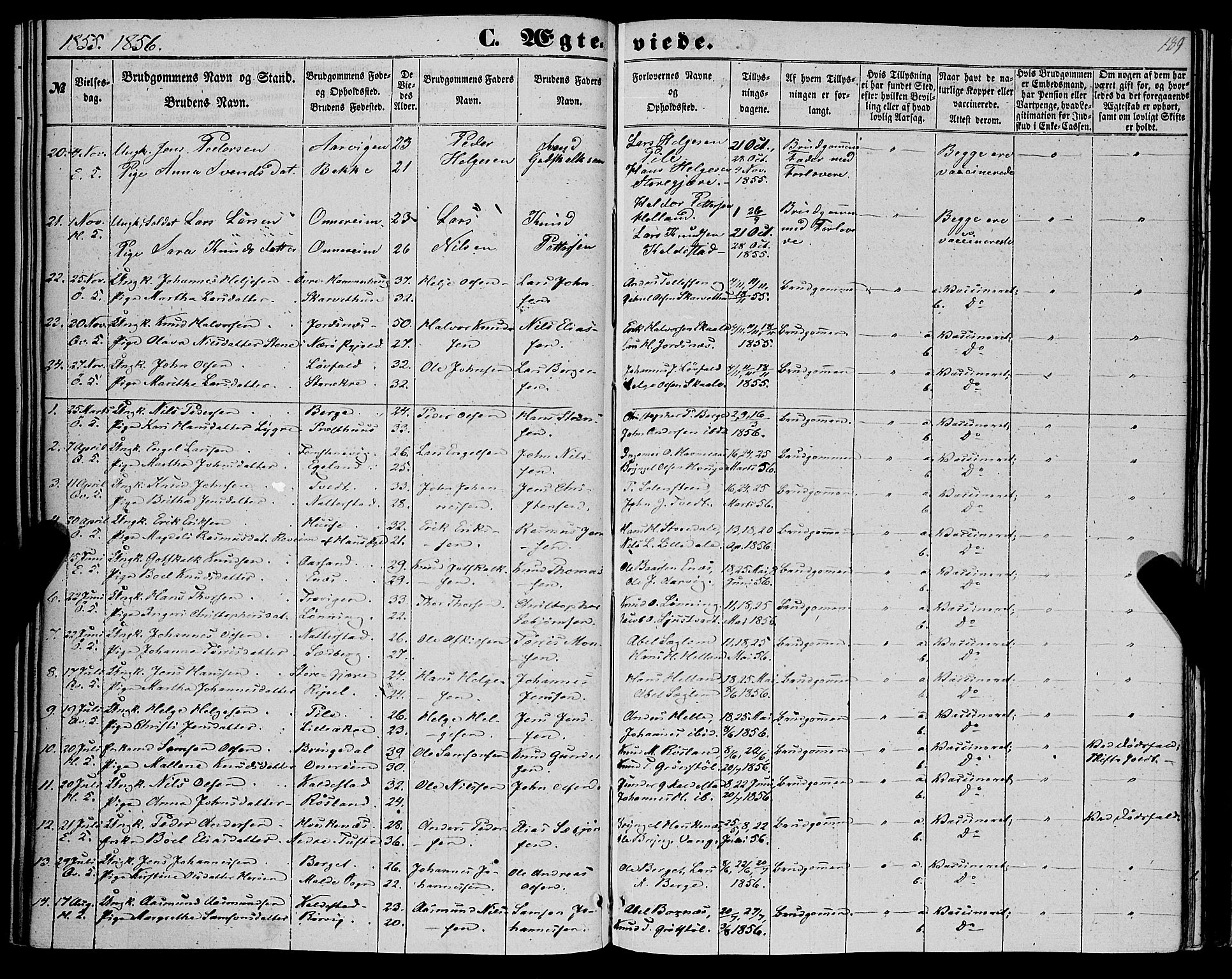 Kvinnherad sokneprestembete, SAB/A-76401/H/Haa: Parish register (official) no. A 8, 1854-1872, p. 189