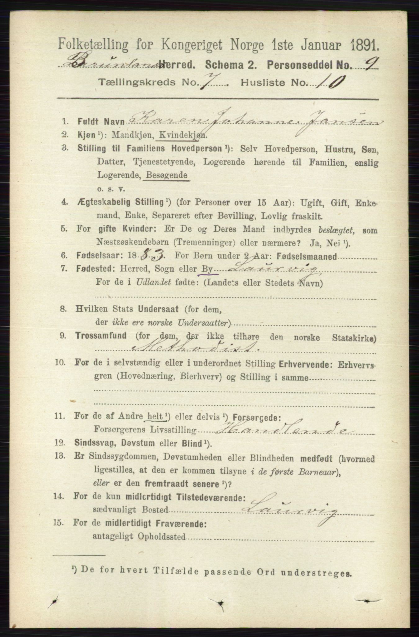 RA, 1891 census for 0726 Brunlanes, 1891, p. 3055