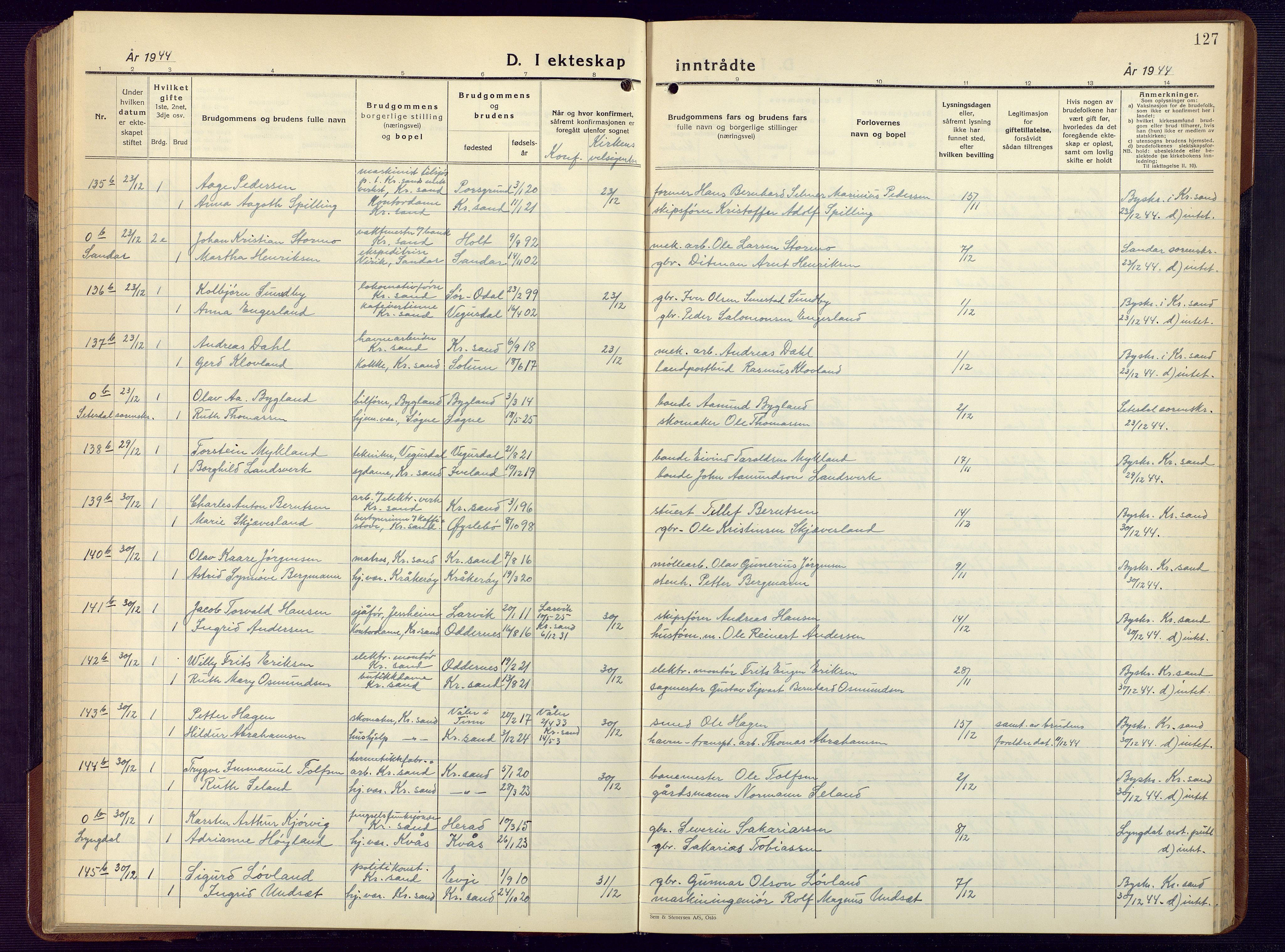 Kristiansand domprosti, AV/SAK-1112-0006/F/Fb/L0029: Parish register (copy) no. B 29, 1937-1945, p. 127