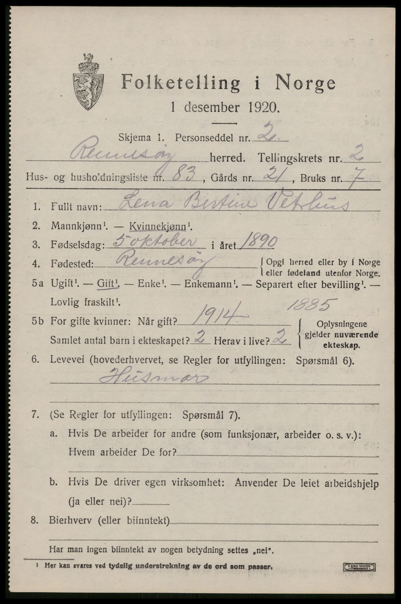 SAST, 1920 census for Rennesøy, 1920, p. 1928