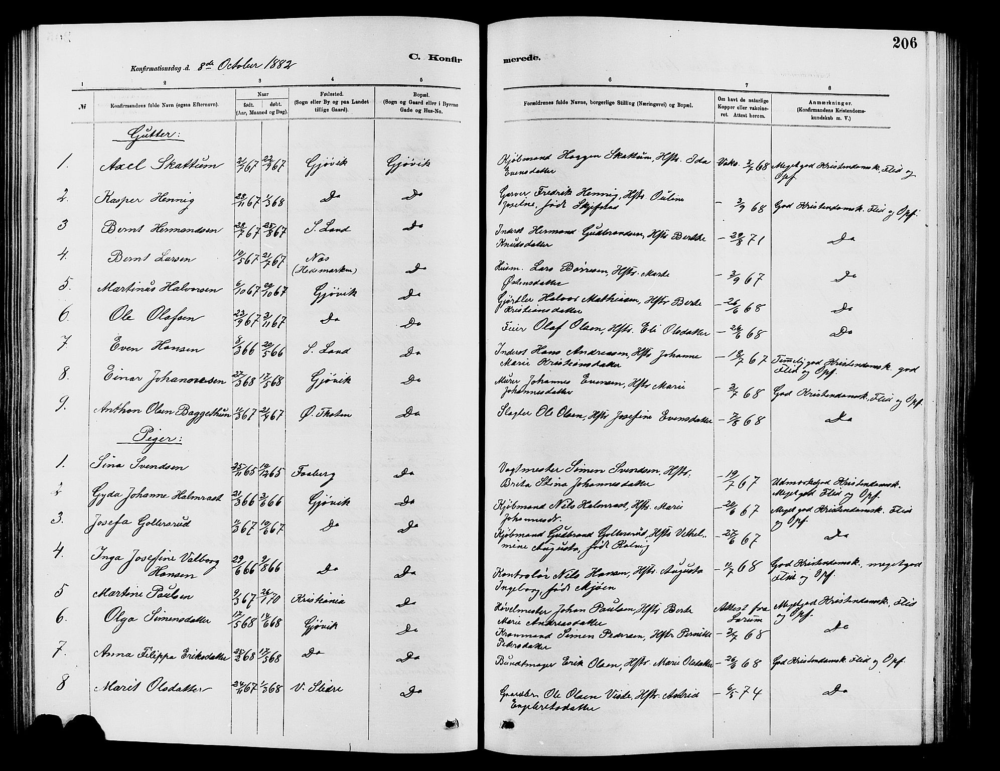 Vardal prestekontor, AV/SAH-PREST-100/H/Ha/Hab/L0007: Parish register (copy) no. 7 /2, 1881-1895, p. 206