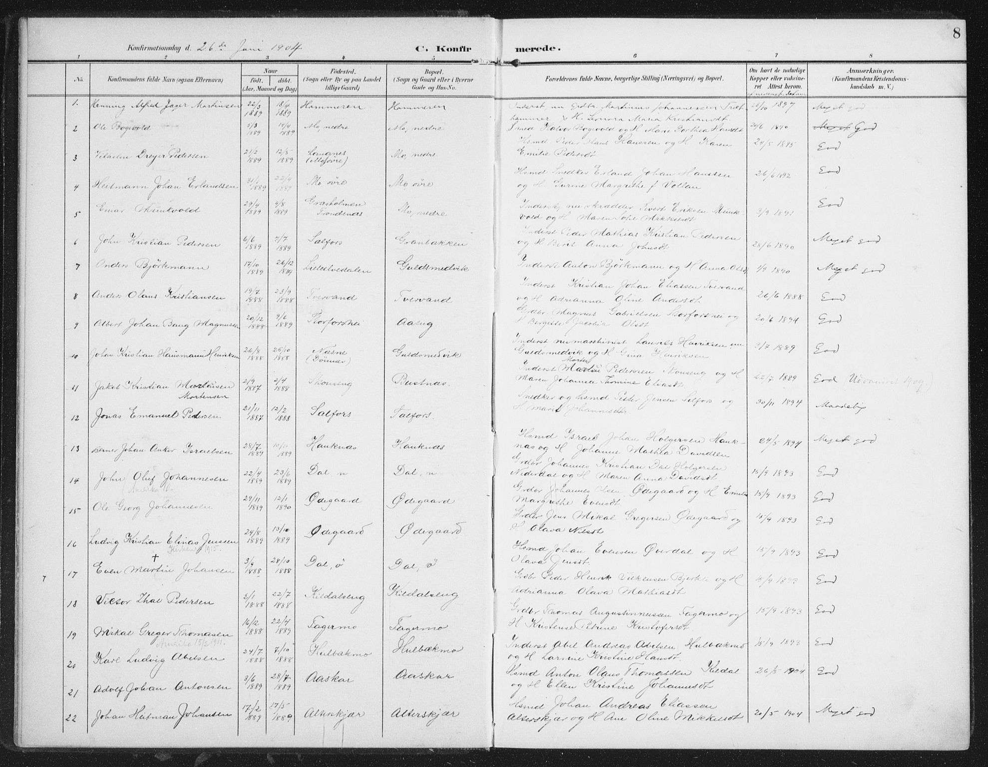 Ministerialprotokoller, klokkerbøker og fødselsregistre - Nordland, AV/SAT-A-1459/827/L0403: Parish register (official) no. 827A15, 1903-1912, p. 8