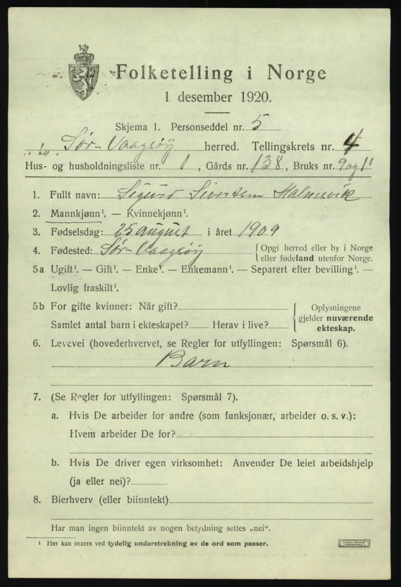 SAB, 1920 census for Sør-Vågsøy, 1920, p. 1828