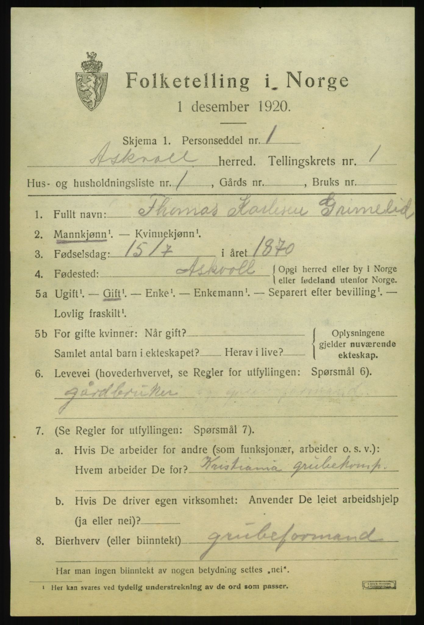 SAB, 1920 census for Askvoll, 1920, p. 1070