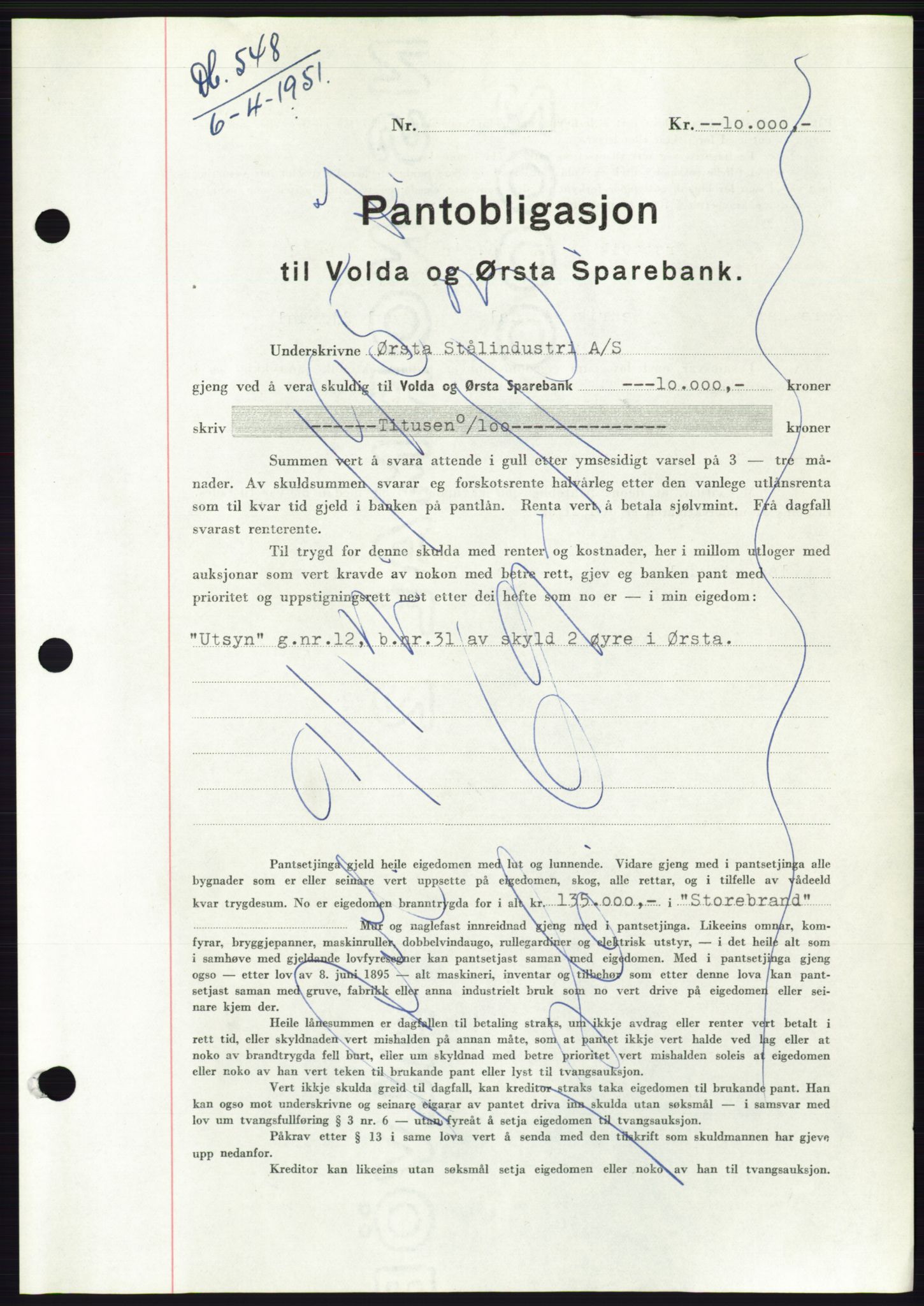 Søre Sunnmøre sorenskriveri, AV/SAT-A-4122/1/2/2C/L0119: Mortgage book no. 7B, 1950-1951, Diary no: : 548/1951