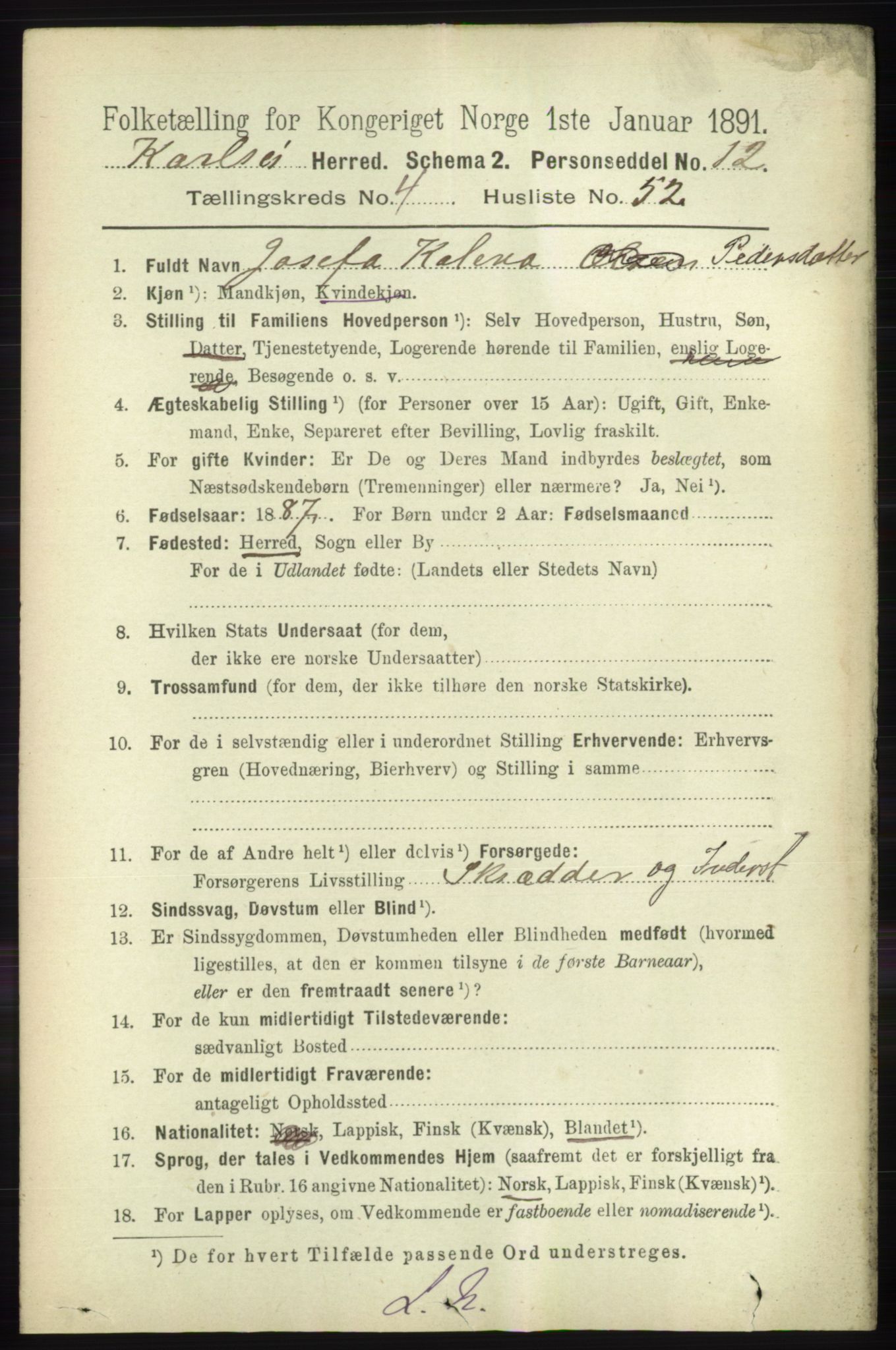 RA, 1891 census for 1936 Karlsøy, 1891, p. 1216