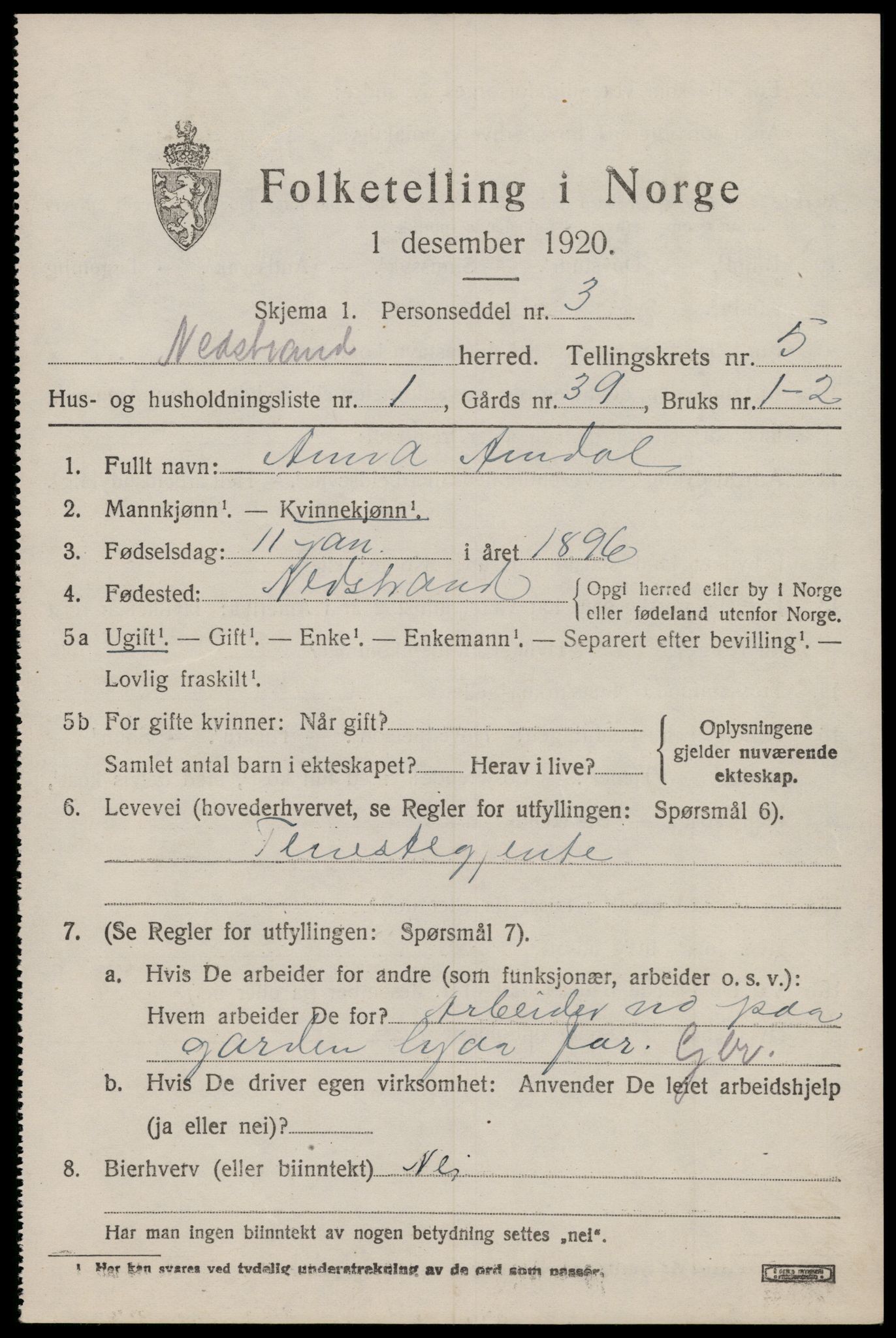 SAST, 1920 census for Nedstrand, 1920, p. 2269