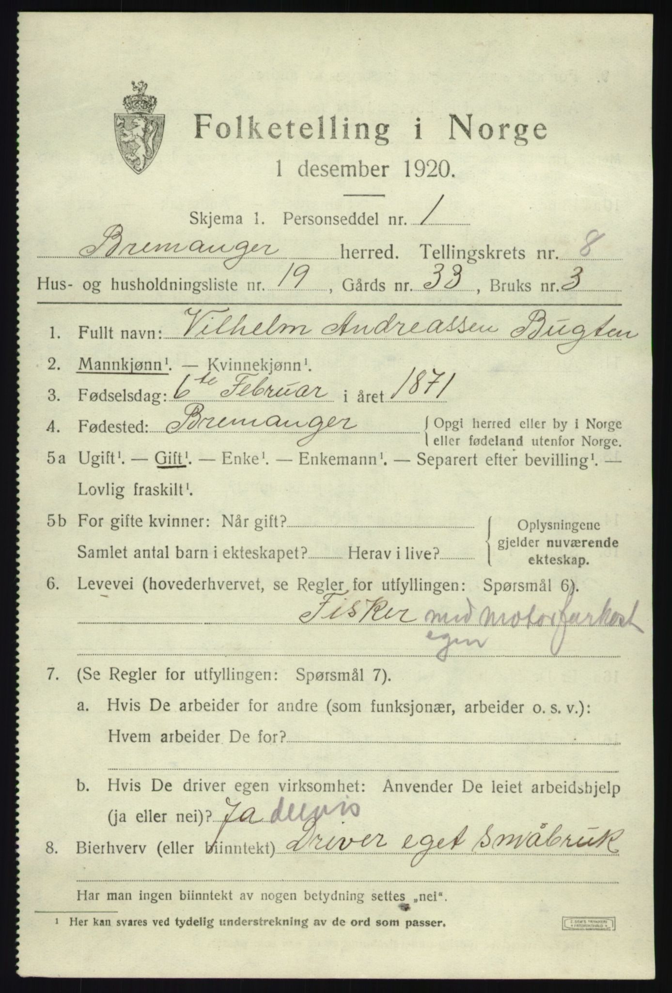 SAB, 1920 census for Bremanger, 1920, p. 5018
