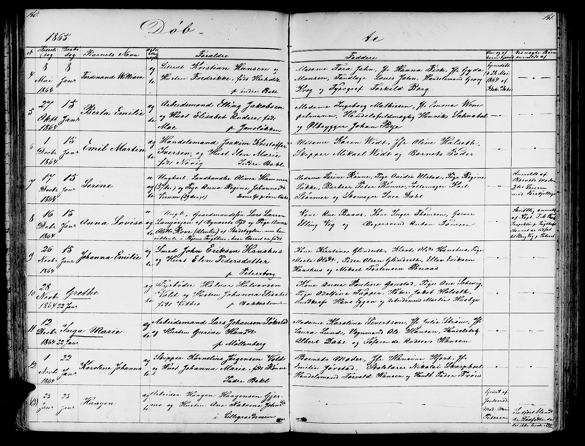 Ministerialprotokoller, klokkerbøker og fødselsregistre - Sør-Trøndelag, SAT/A-1456/604/L0219: Parish register (copy) no. 604C02, 1851-1869, p. 140-141