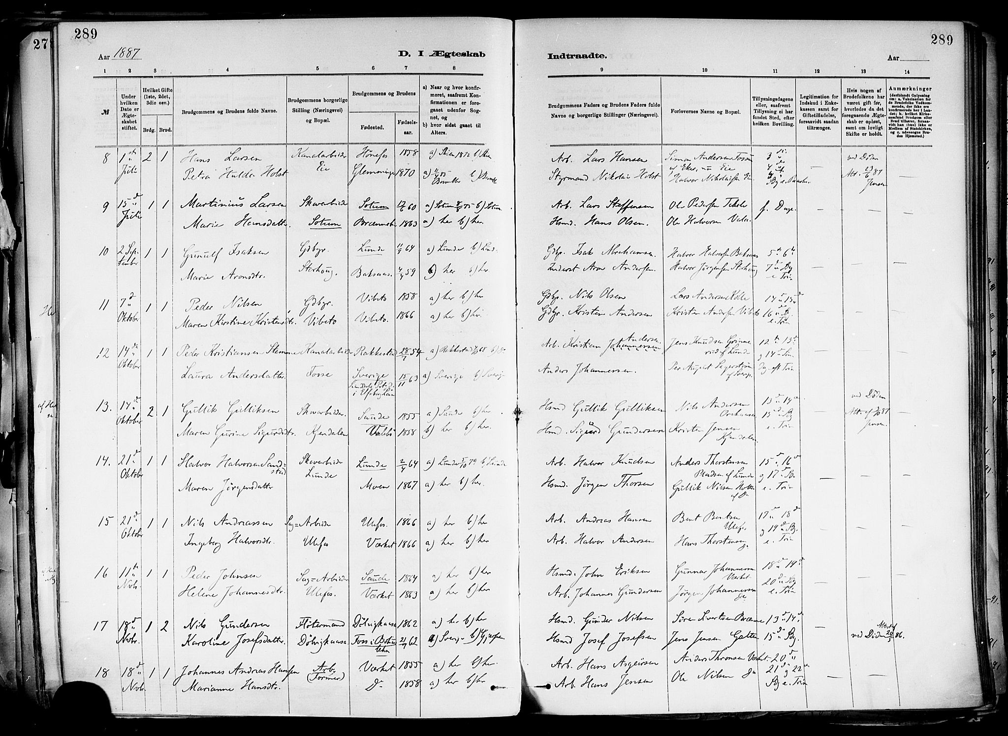 Holla kirkebøker, AV/SAKO-A-272/F/Fa/L0008: Parish register (official) no. 8, 1882-1897, p. 289