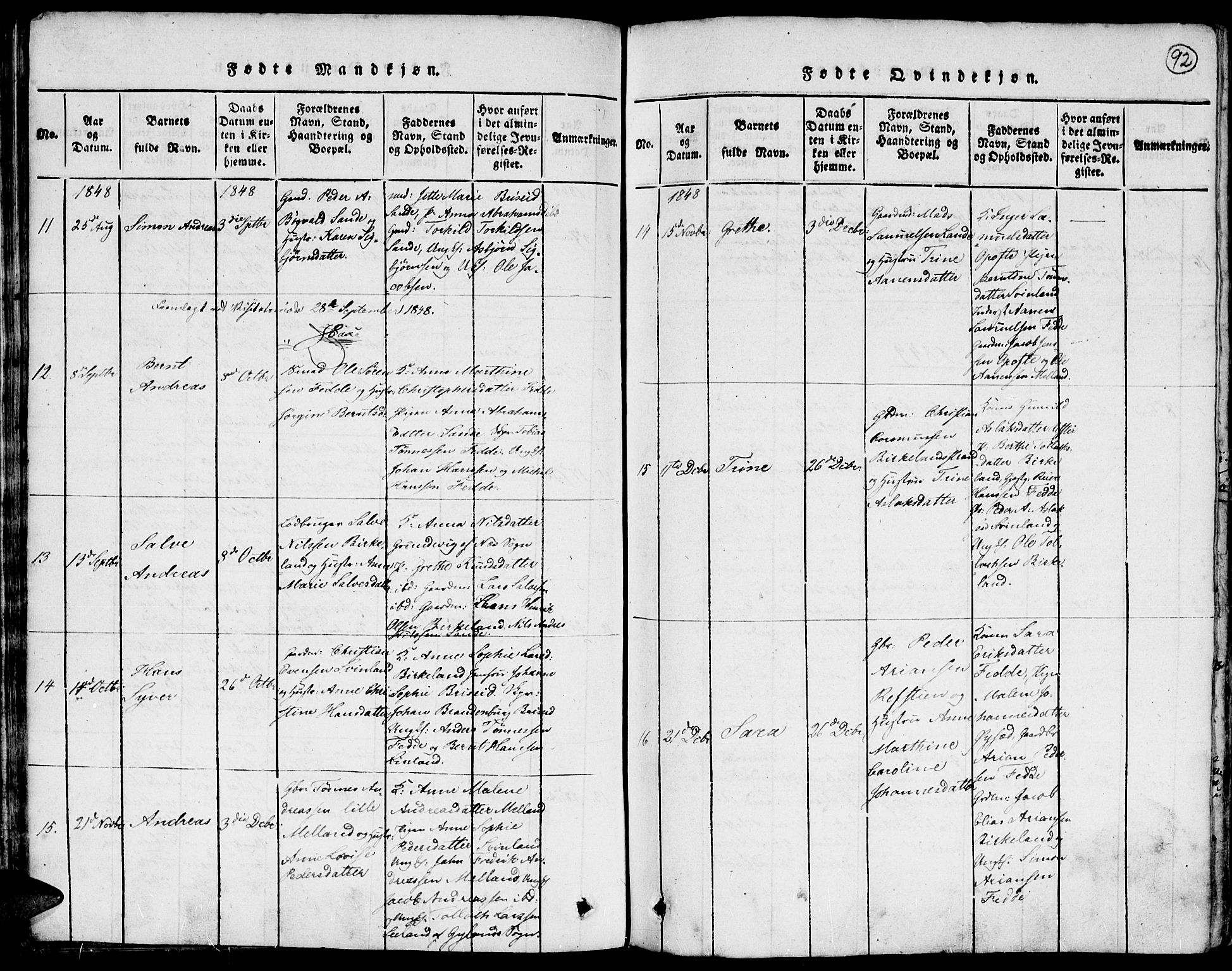 Kvinesdal sokneprestkontor, SAK/1111-0026/F/Fa/Faa/L0001: Parish register (official) no. A 1, 1815-1849, p. 92