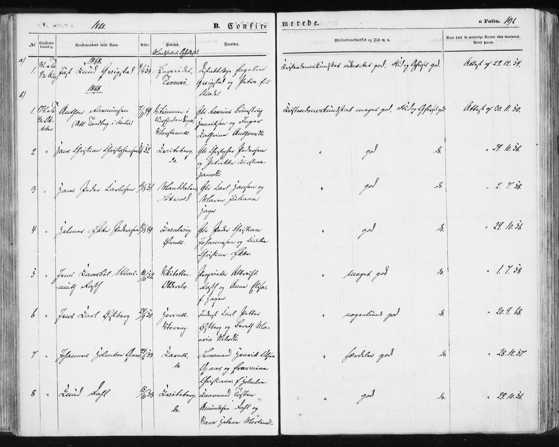 Lyngen sokneprestembete, SATØ/S-1289/H/He/Hea/L0005kirke: Parish register (official) no. 5, 1859-1869, p. 191
