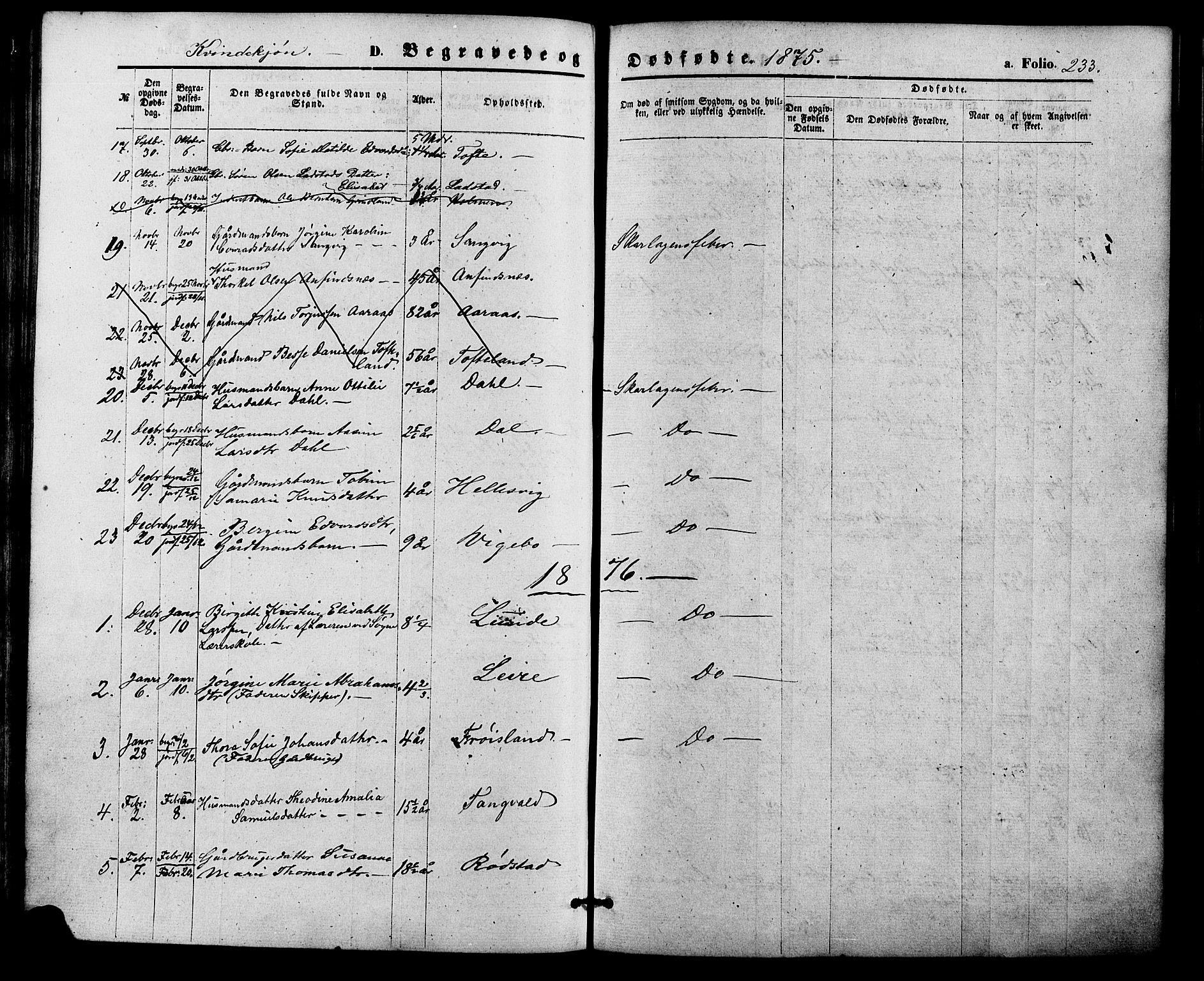 Søgne sokneprestkontor, SAK/1111-0037/F/Fa/Fab/L0011: Parish register (official) no. A 11, 1869-1879, p. 233