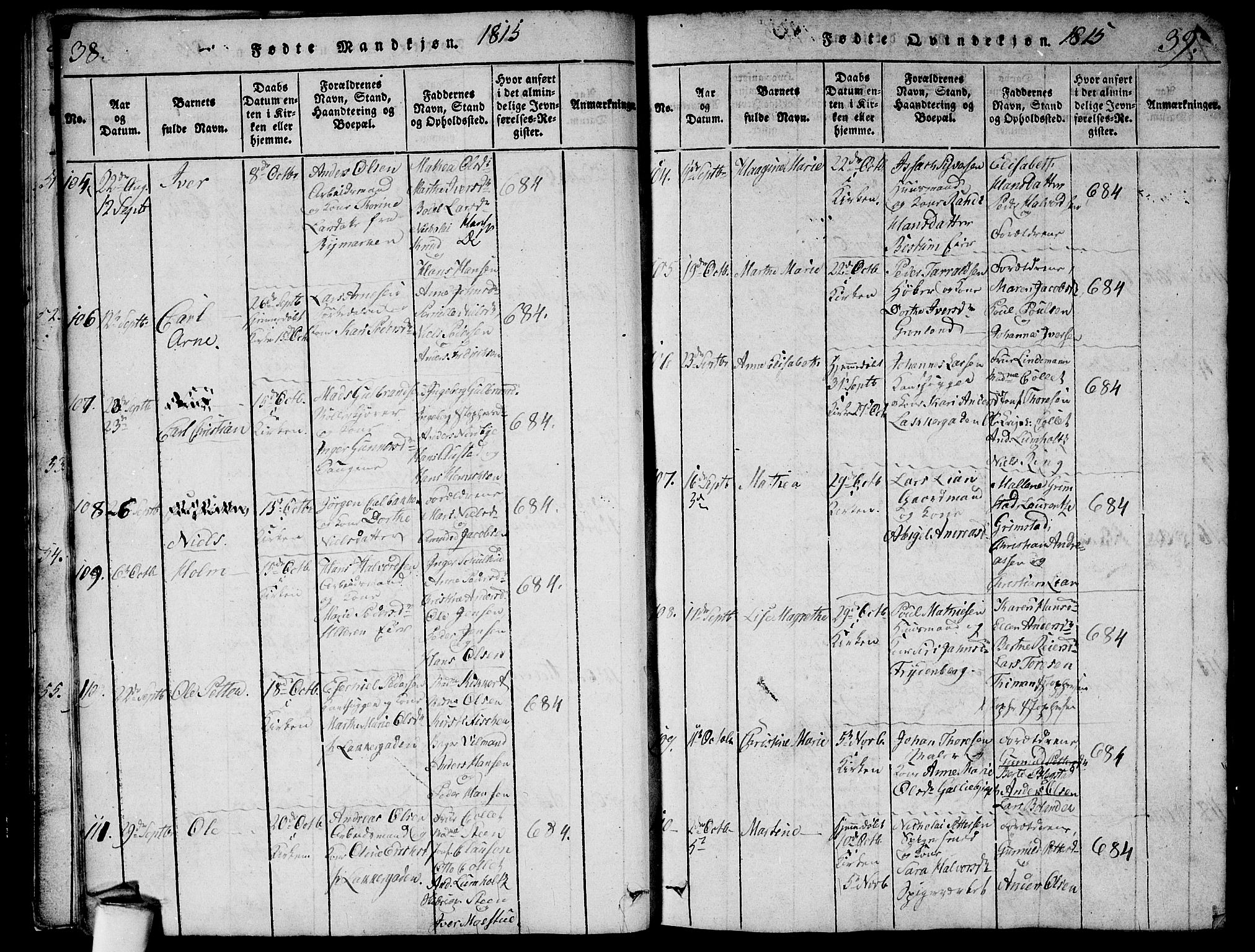Aker prestekontor kirkebøker, SAO/A-10861/G/L0002: Parish register (copy) no. 2, 1815-1819, p. 38-39