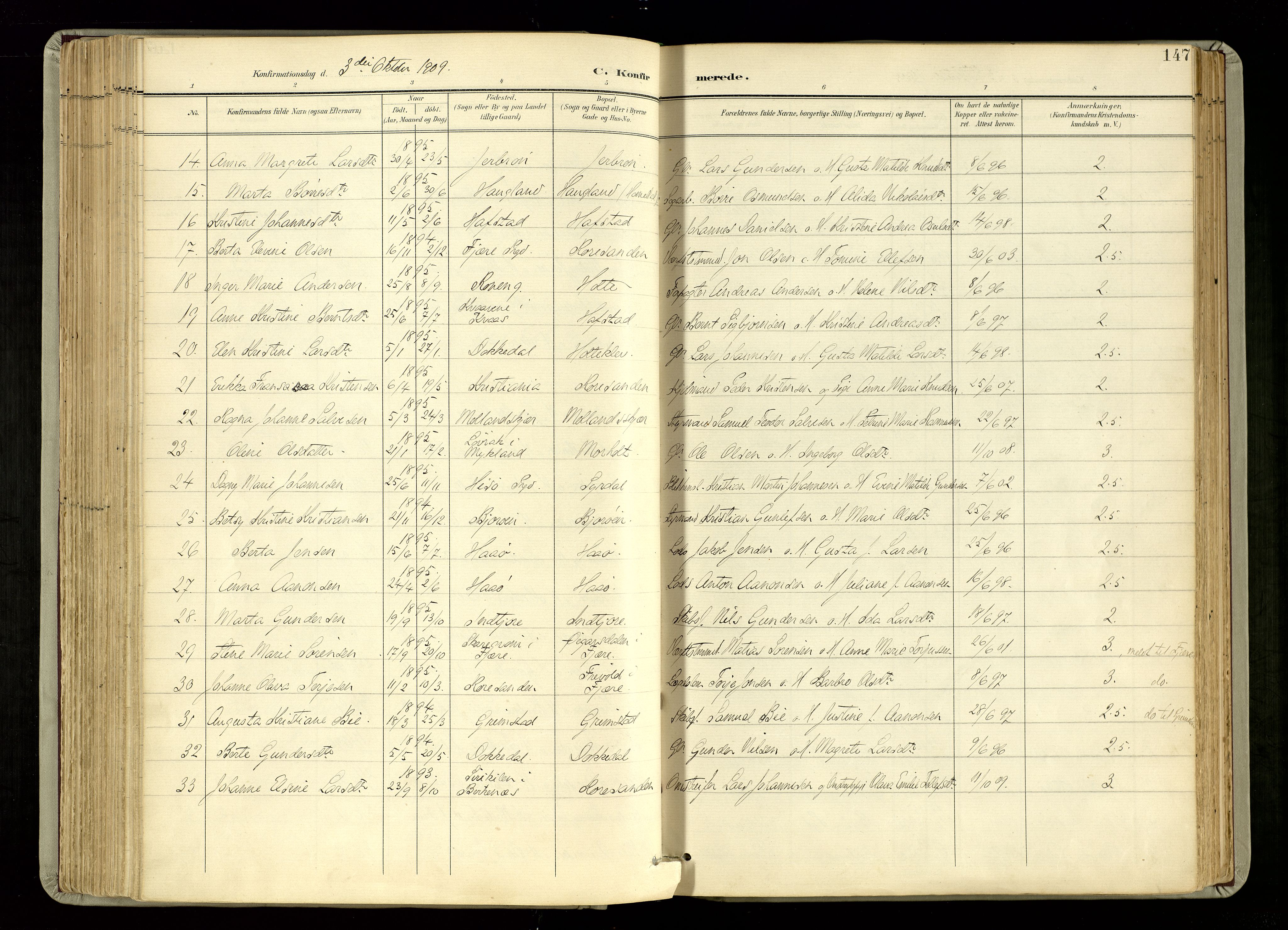 Hommedal sokneprestkontor, AV/SAK-1111-0023/F/Fa/Fab/L0007: Parish register (official) no. A 7, 1898-1924, p. 147