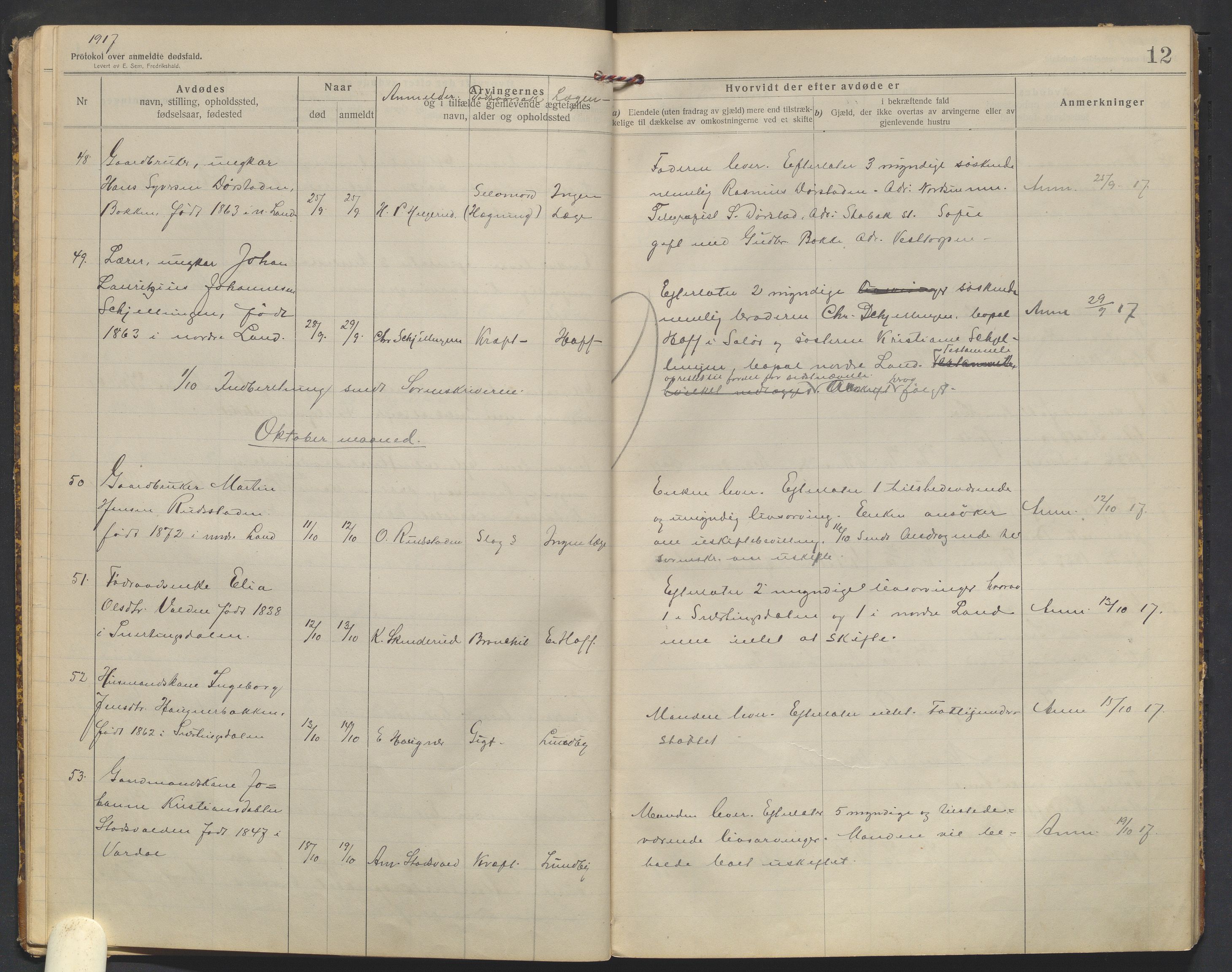 Nordre Land lensmannskontor, AV/SAH-LON-013/H/Ha/Haa/L0001/0003: Dødsfallsprotokoller / Dødsfallsprotokoll, 1916-1921, p. 12