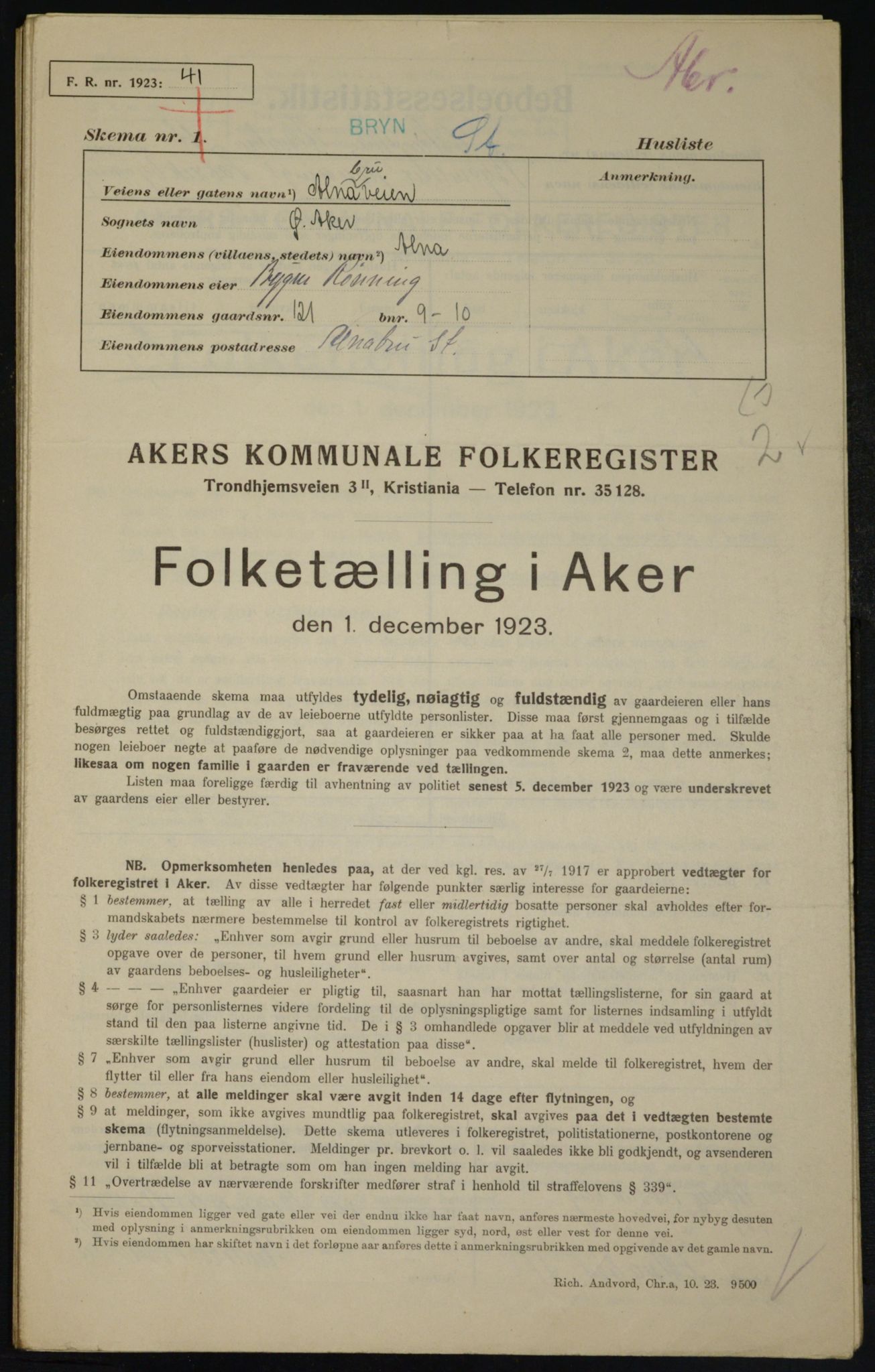 , Municipal Census 1923 for Aker, 1923, p. 22485