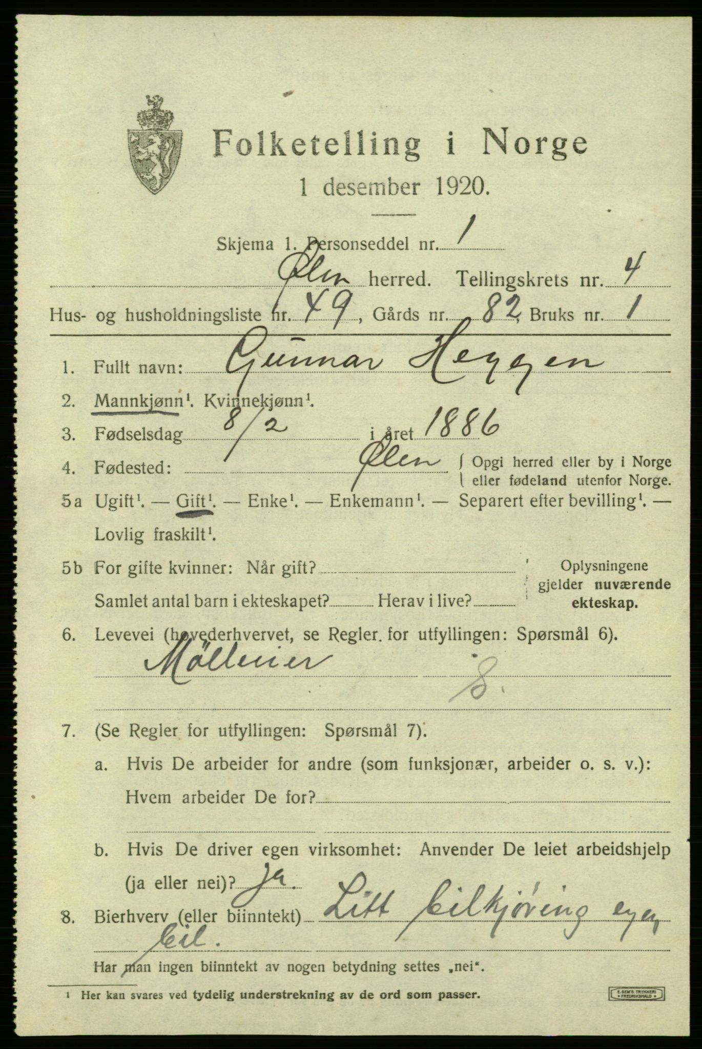 SAB, 1920 census for Ølen, 1920, p. 2311