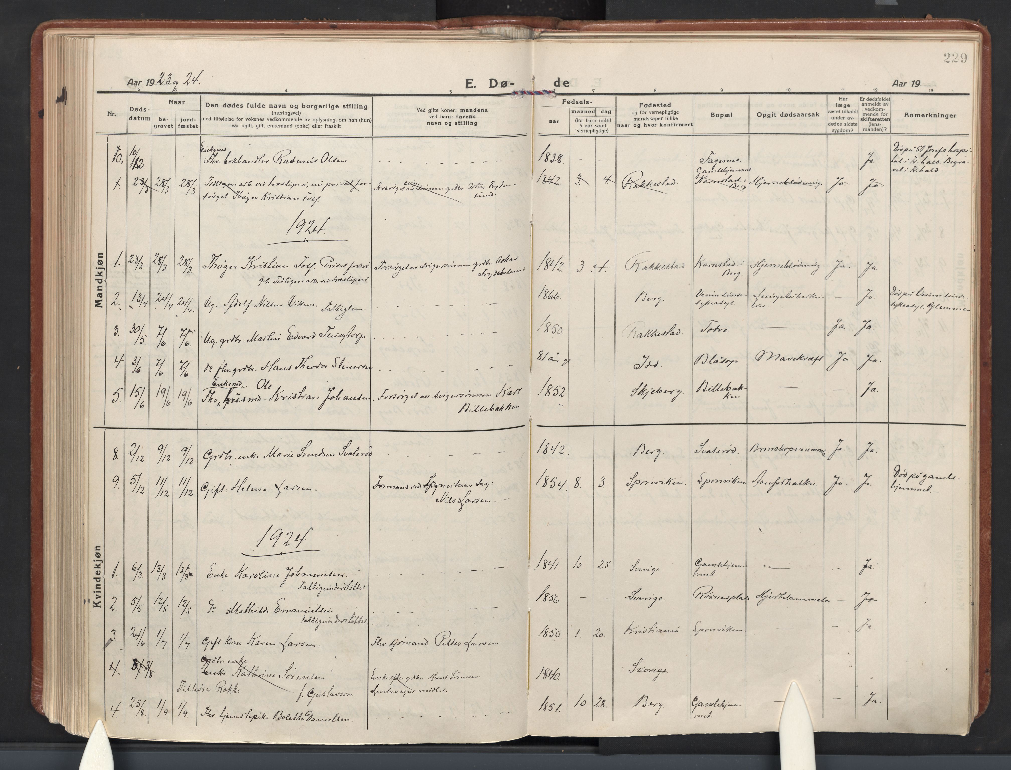 Berg prestekontor Kirkebøker, AV/SAO-A-10902/F/Fa/L0009: Parish register (official) no. I 9, 1921-1939, p. 229