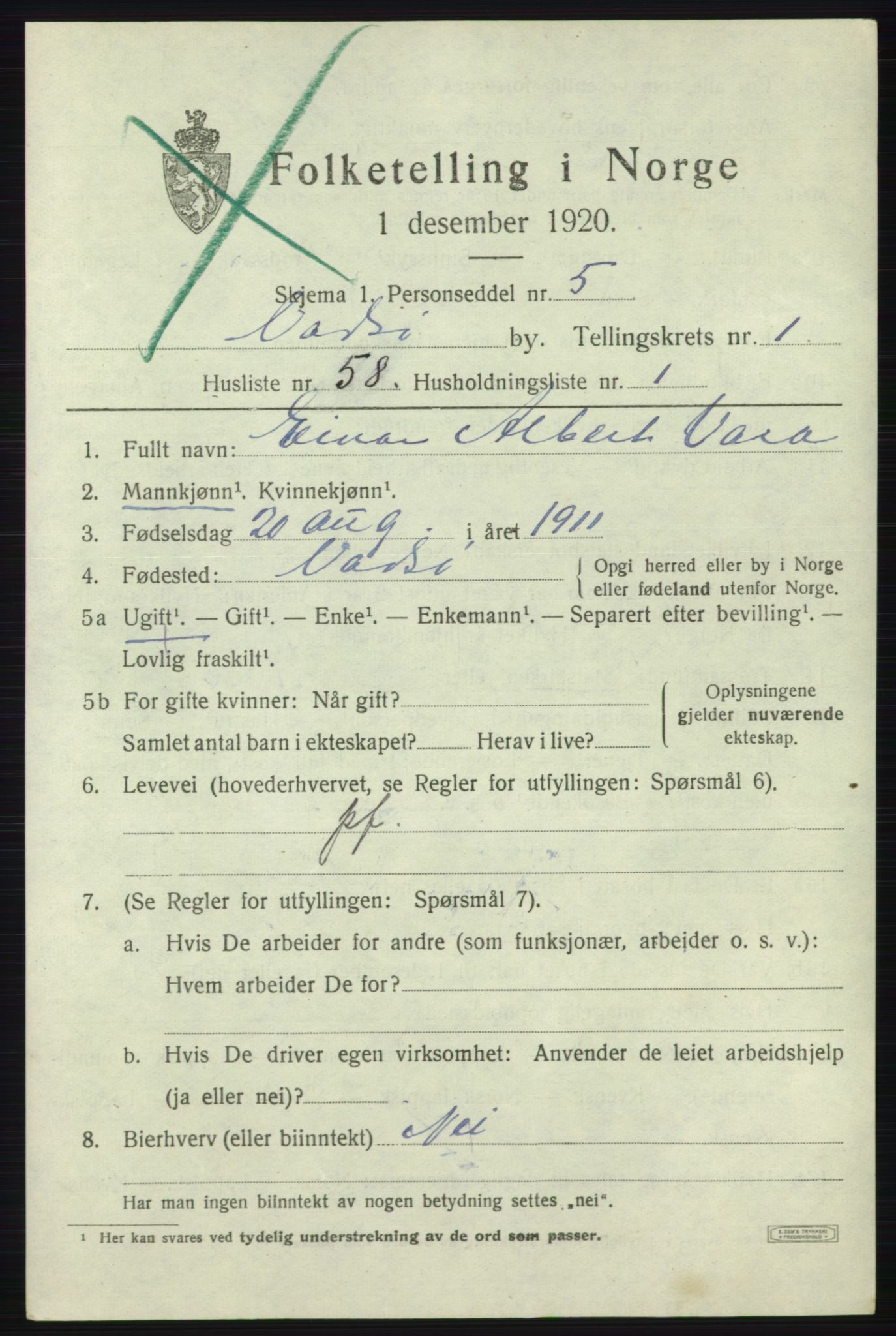 SATØ, 1920 census for Vadsø, 1920, p. 2185