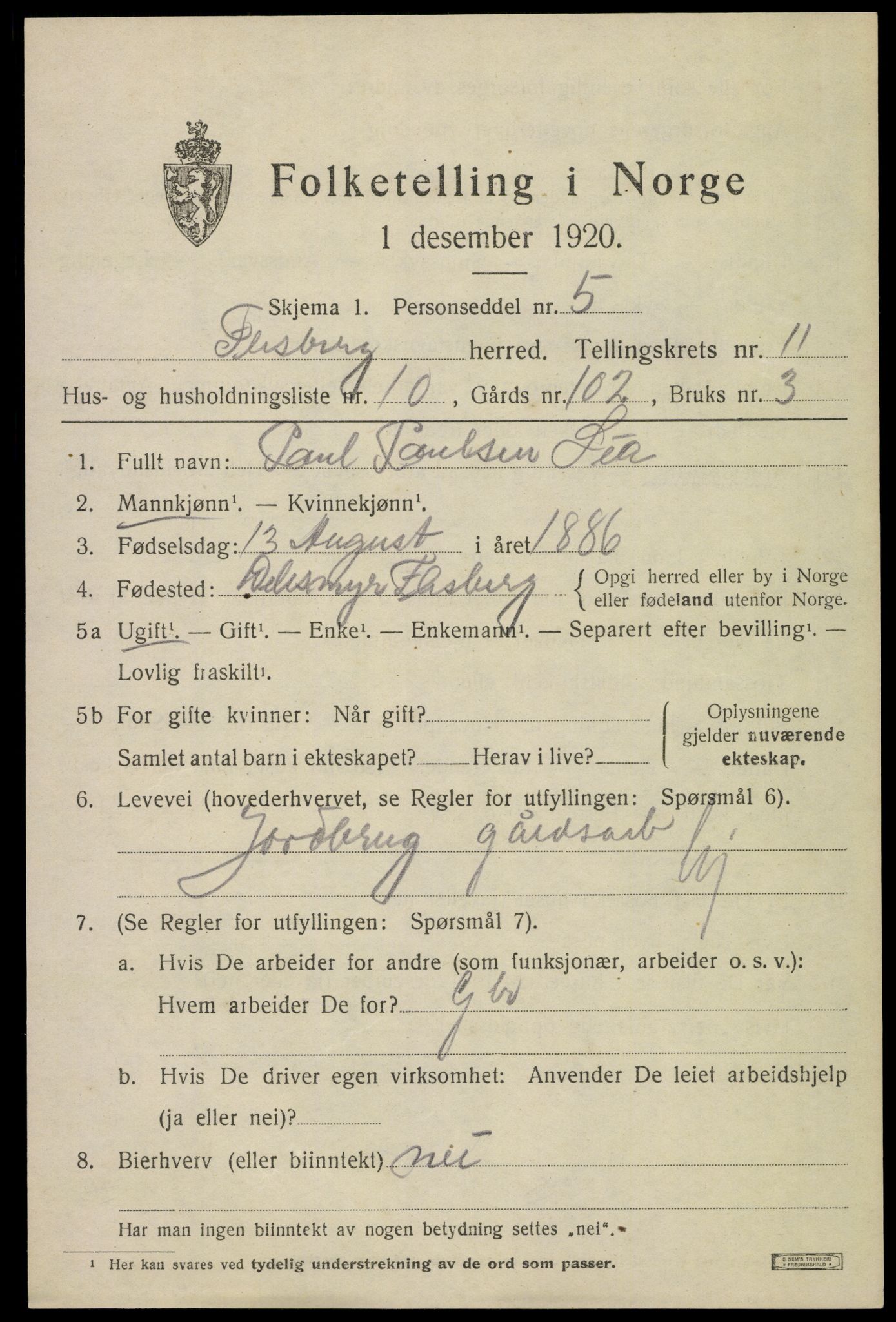 SAKO, 1920 census for Flesberg, 1920, p. 3835