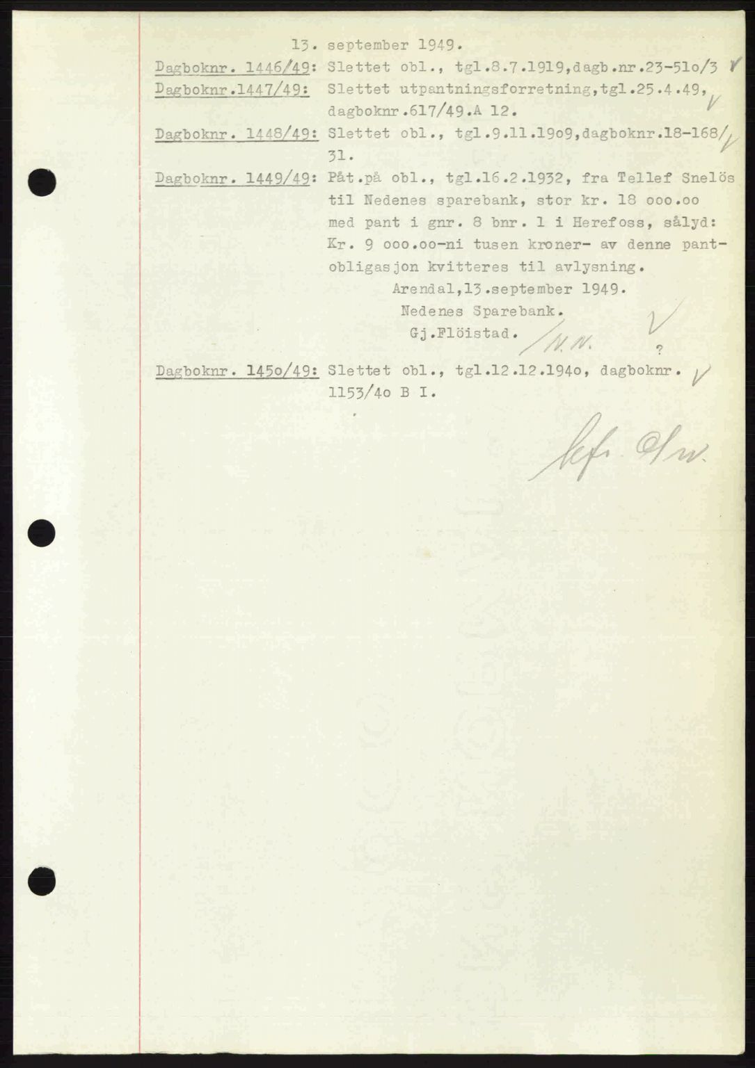 Nedenes sorenskriveri, SAK/1221-0006/G/Gb/Gba/L0061: Mortgage book no. A13, 1949-1949, Diary no: : 1446/1949