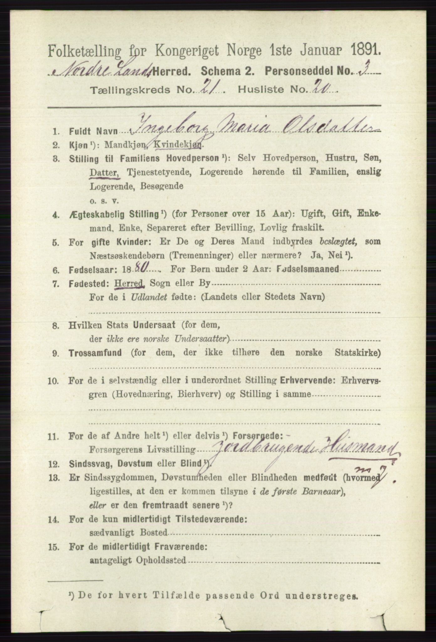 RA, 1891 census for 0538 Nordre Land, 1891, p. 5392